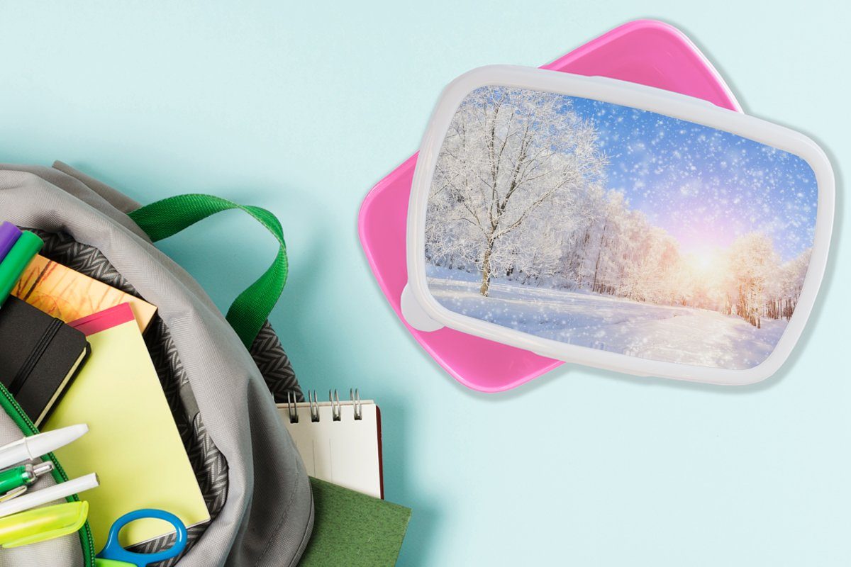 Lunchbox Mädchen, Snackbox, (2-tlg), - Kunststoff für Erwachsene, Kinder, Brotbox MuchoWow Brotdose Winter, - Kunststoff, Sonne rosa Schnee