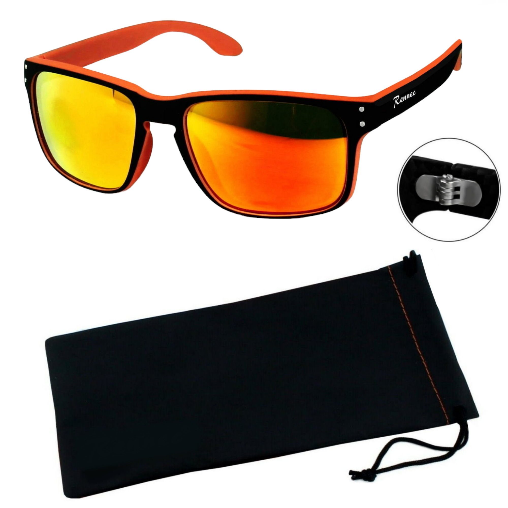 Rennec Sonnenbrille Herren Rechteckig Zweifarbig Markenbrille Bi Color Gläser Verspiegelt Blau oder Orange, stabile 3in2 Bügelgelenke – Bild 4 von 4