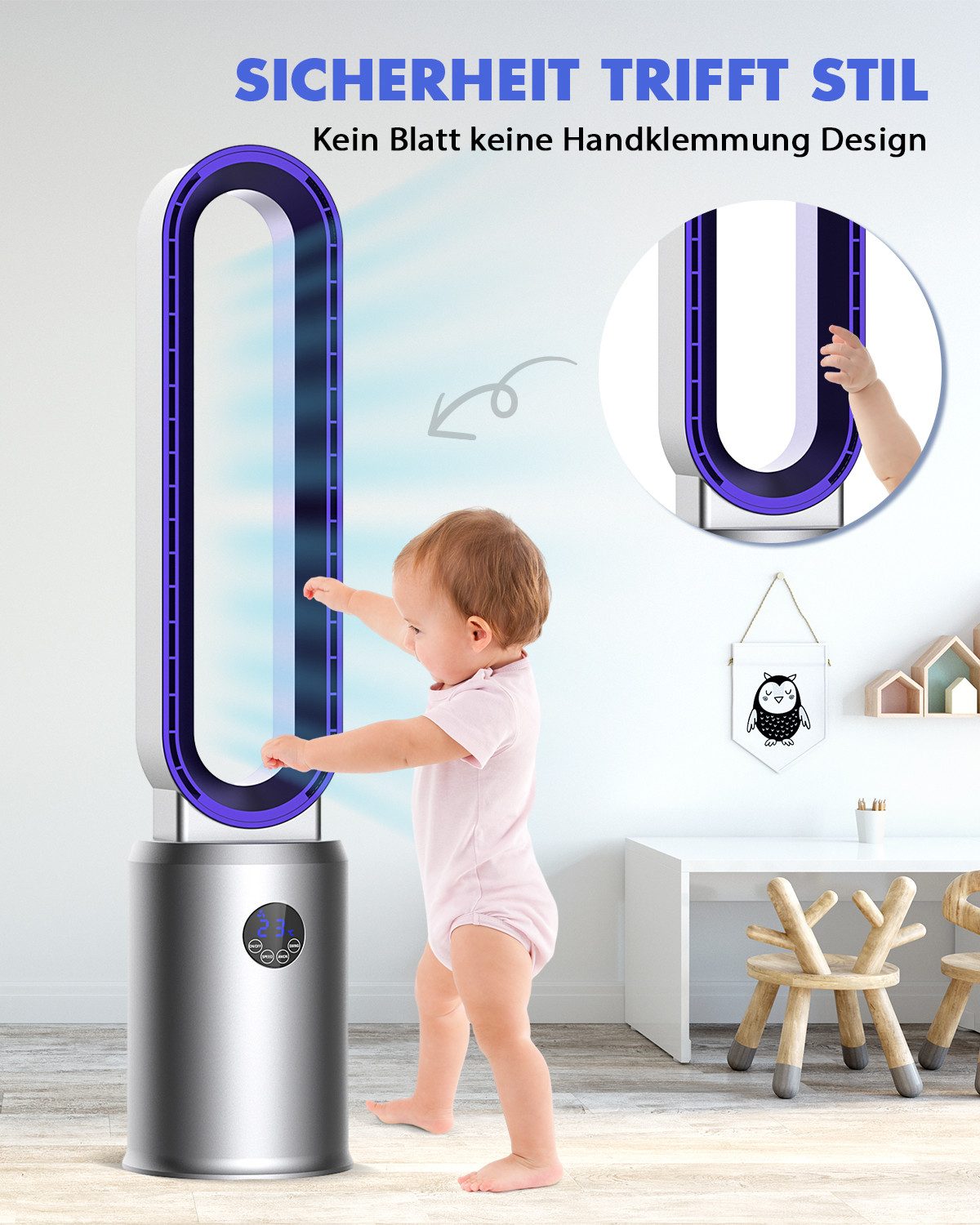 Rebonique Turmventilator Rotorlos Ventilator mit Luftreiniger sehr Leise 24 Stufen 12H Timer, Oszillierend LED-Anzeige Tower-Ventilator mit Fernbedienung