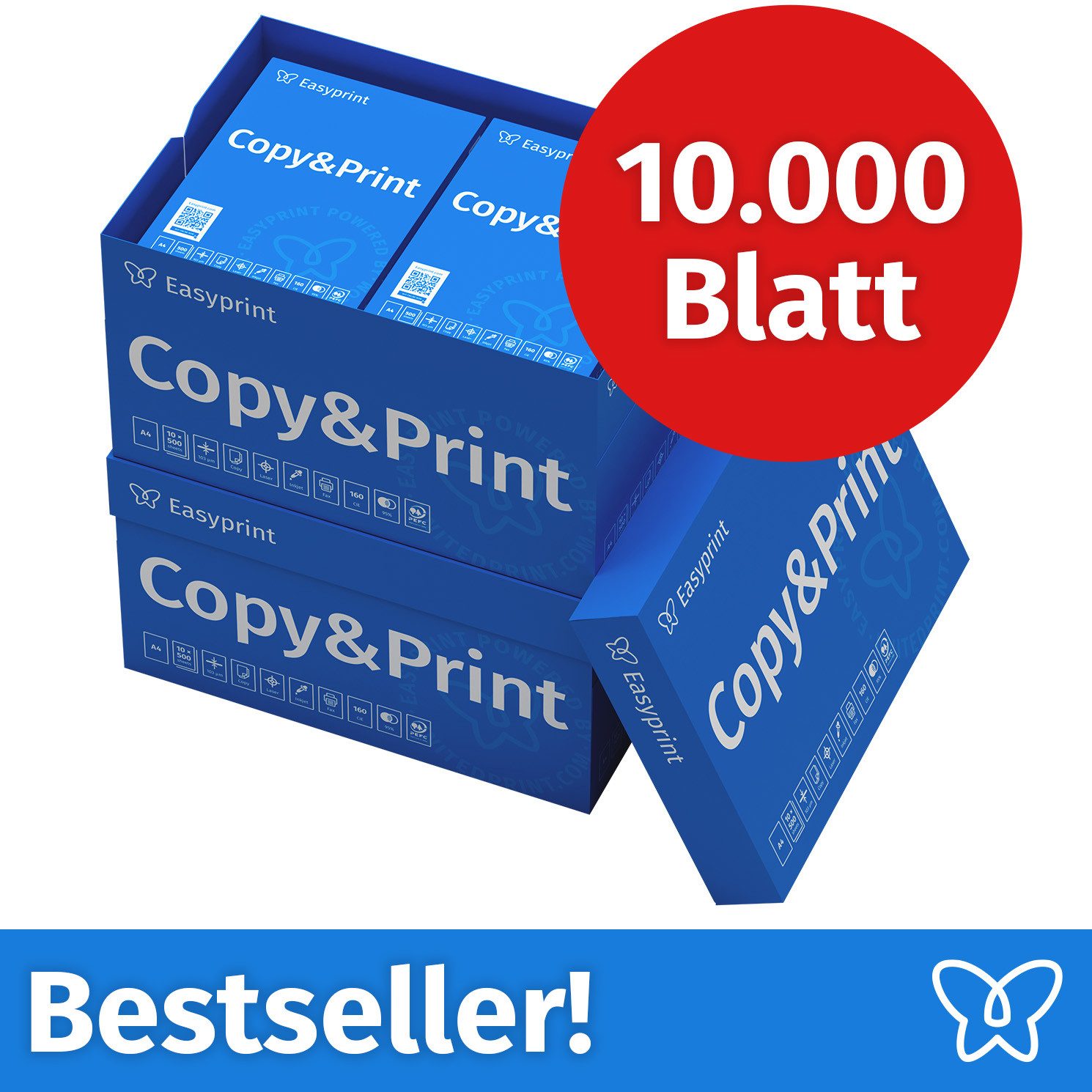 Easyprint Drucker- und Kopierpapier Kopierpapier 10000 Blatt A4 Premium Hochweiß CIE 160 Testsieger PEFC, PEFC-Zertifikat (GFA-PEFC-COC-500582)
