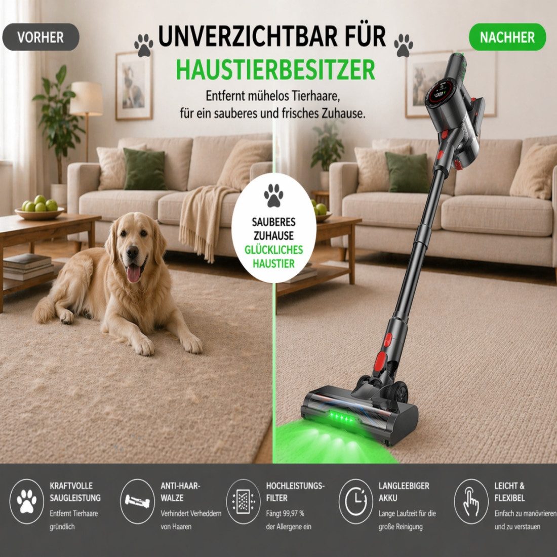 PRASKY Akku-Hand-und Stielstaubsauger Kabelloser Tierhaar Staubsauger für Sofa, Kleidung & Teppich, 550 W, mit Beutel, Staubsauger Kabellos