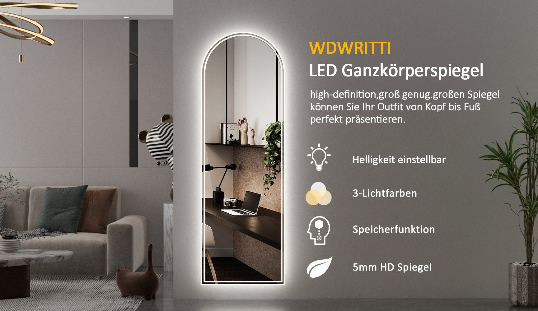 WDWRITTI Spiegel groß für Friseurladen Hotel Garderobe & Flur Schlafzimmer Wohnzimmer (Wandspiegel mit LED Beleuchtung, 1-St., 165x60, 165x50, 150x50, 140x40), 3Lichtfarben, Dimmbar, Memory-Funktion