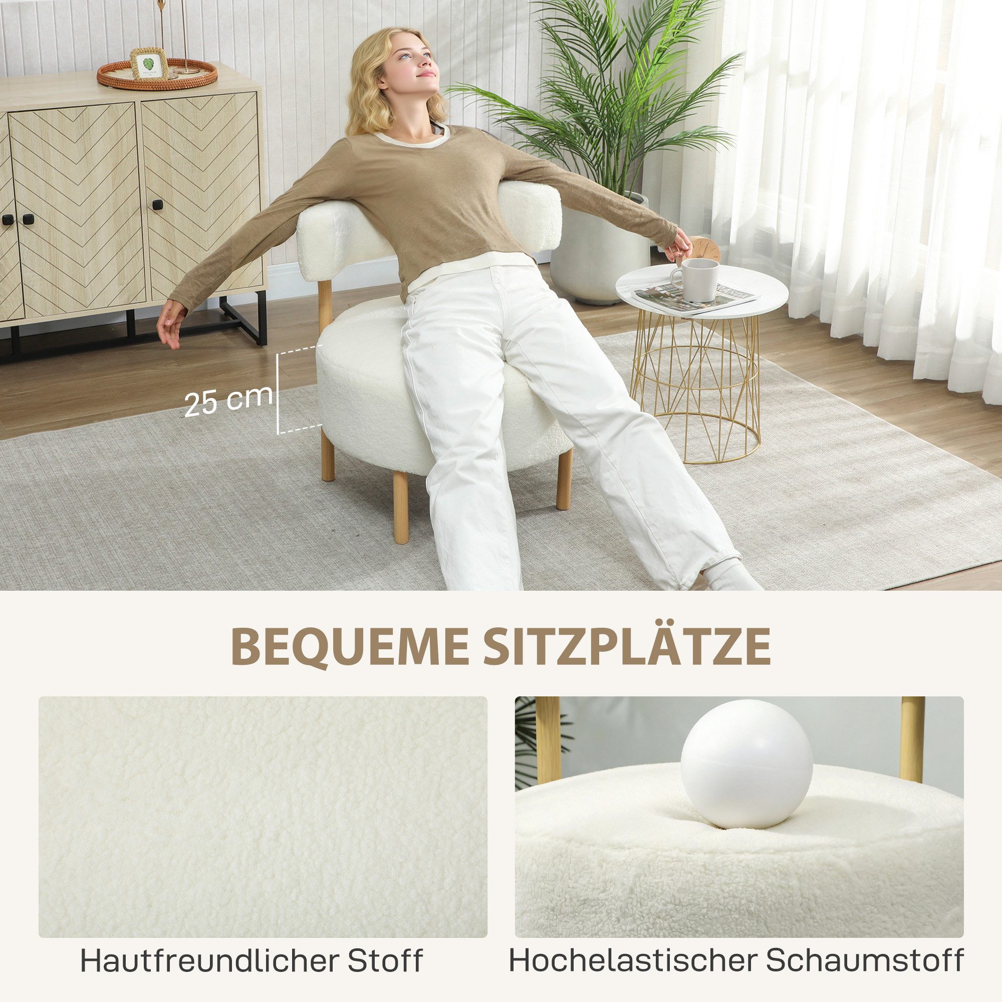 HOMCOM Sessel Loungesessel Lesesessel mit Sherpa-Fleece, Metallbeinen in Holzoptik (Relaxsessel, 1-St., Polstersessel), für Wohnzimmer, Schlafzimmer, Cremeweiß – Bild 4 von 5