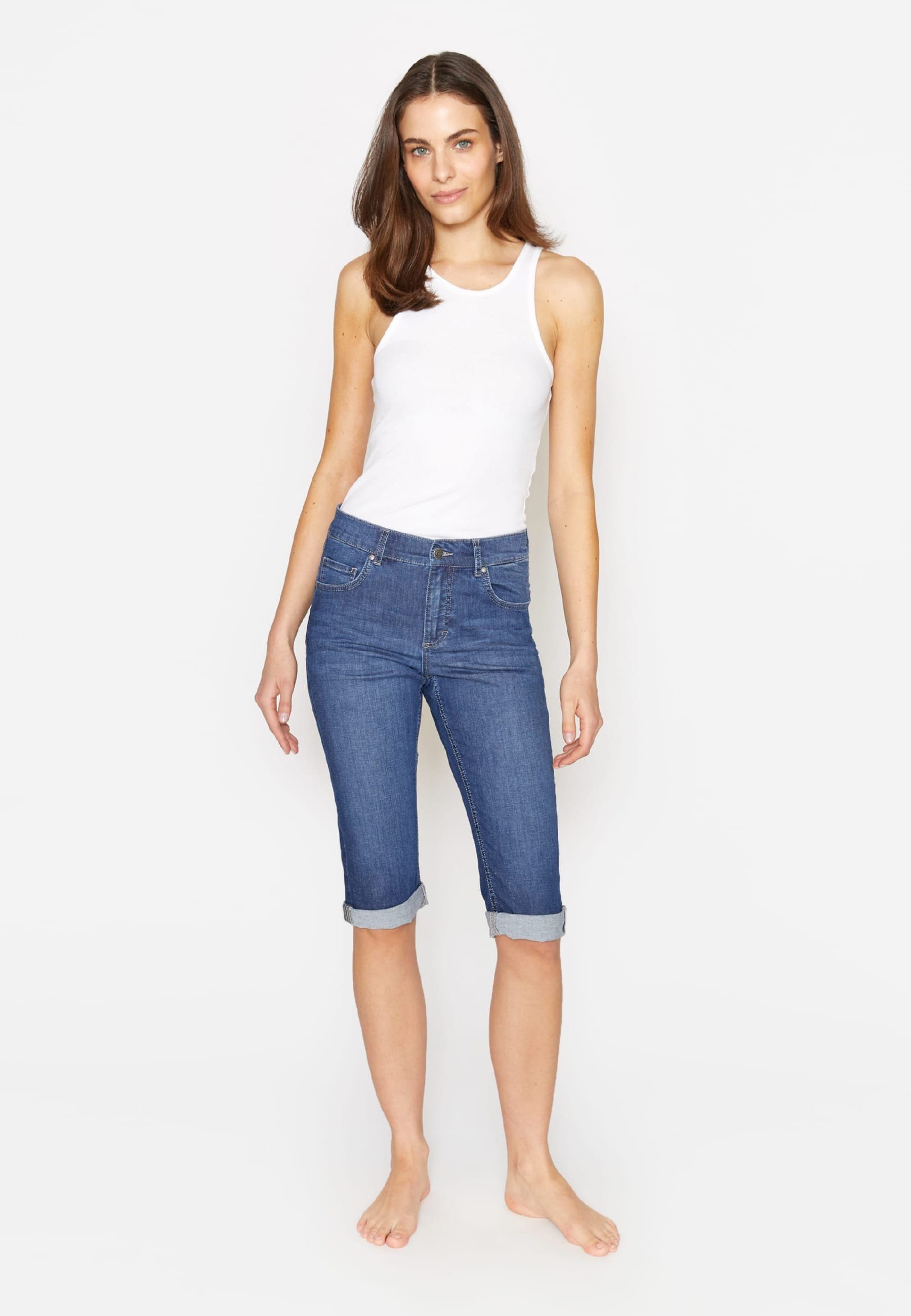 Capri Label-Applikationen blue mit TU ANGELS Jeans Used-Look mit 5-Pocket-Jeans