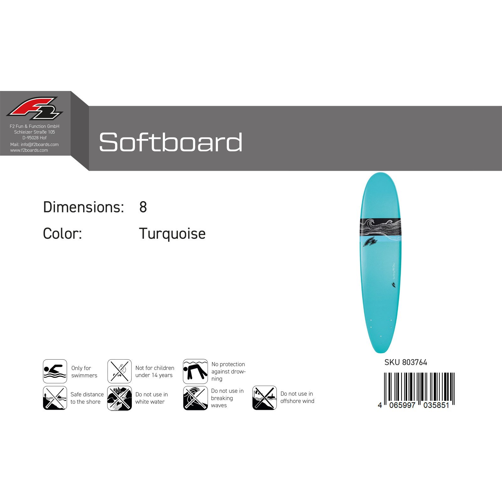 F2 Wellenreiter F2 Wellenreiter Softboard 8 Türkis 2024/25, Surfbrett