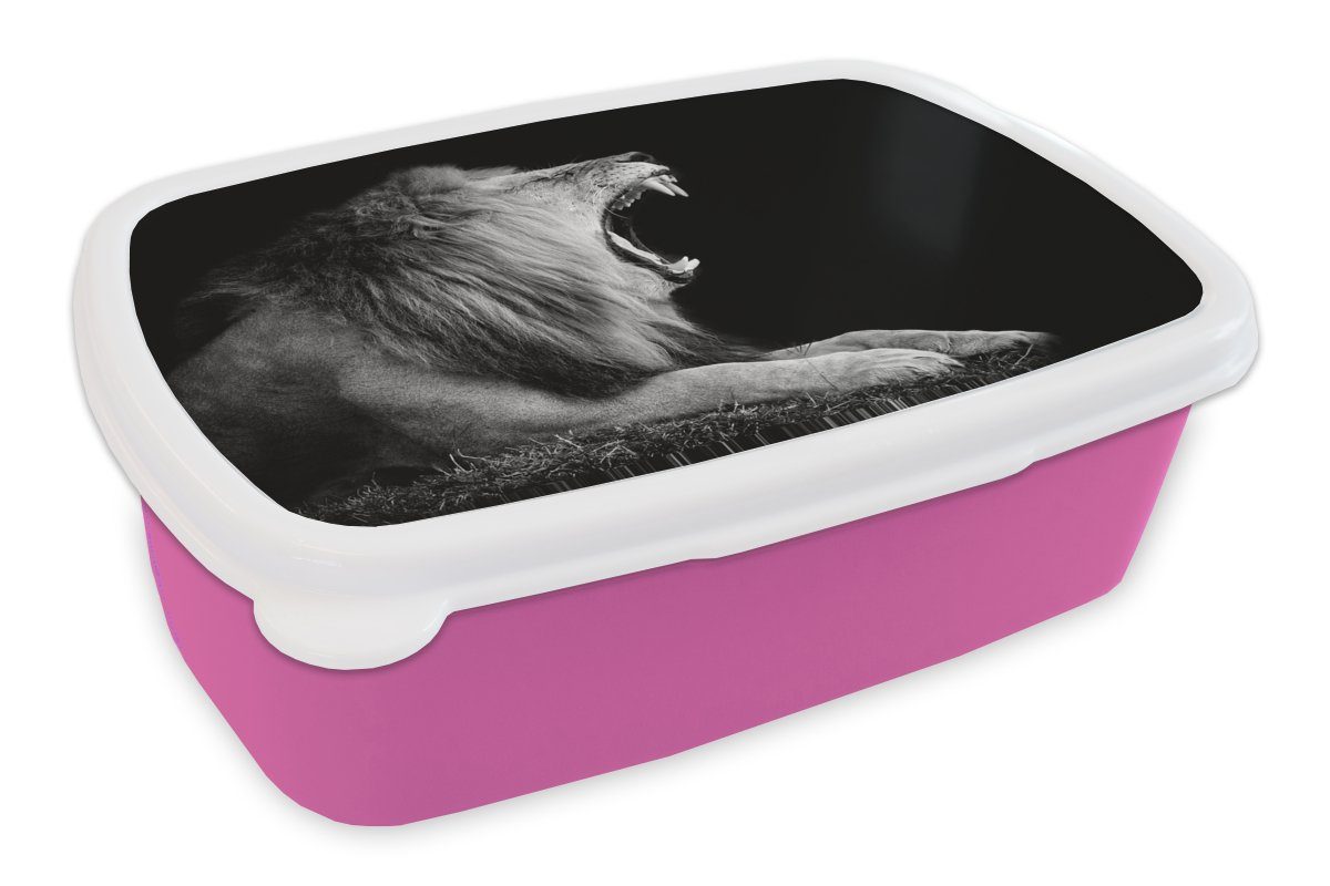 MuchoWow Lunchbox Löwe - Schwarz - Weiß - Tier, Kunststoff, (2-tlg), Brotbox für Erwachsene, Brotdose Kinder, Snackbox, Mädchen, Kunststoff rosa