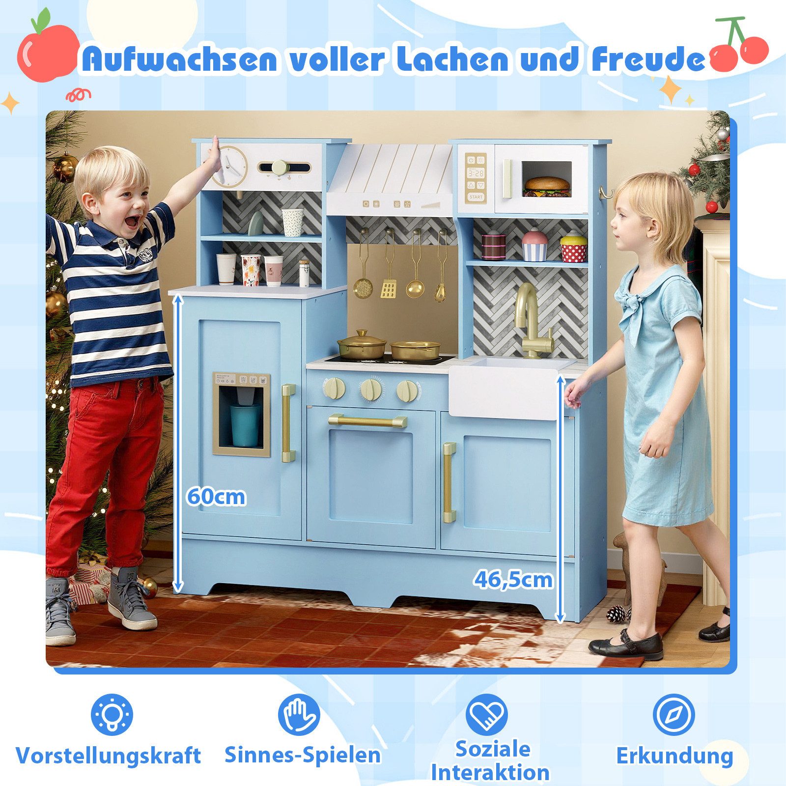 COSTWAY Spielküche Holz, Kinderküche mit Herd, Wasserhahn, Spüle, Uhr, Mikrowelle
