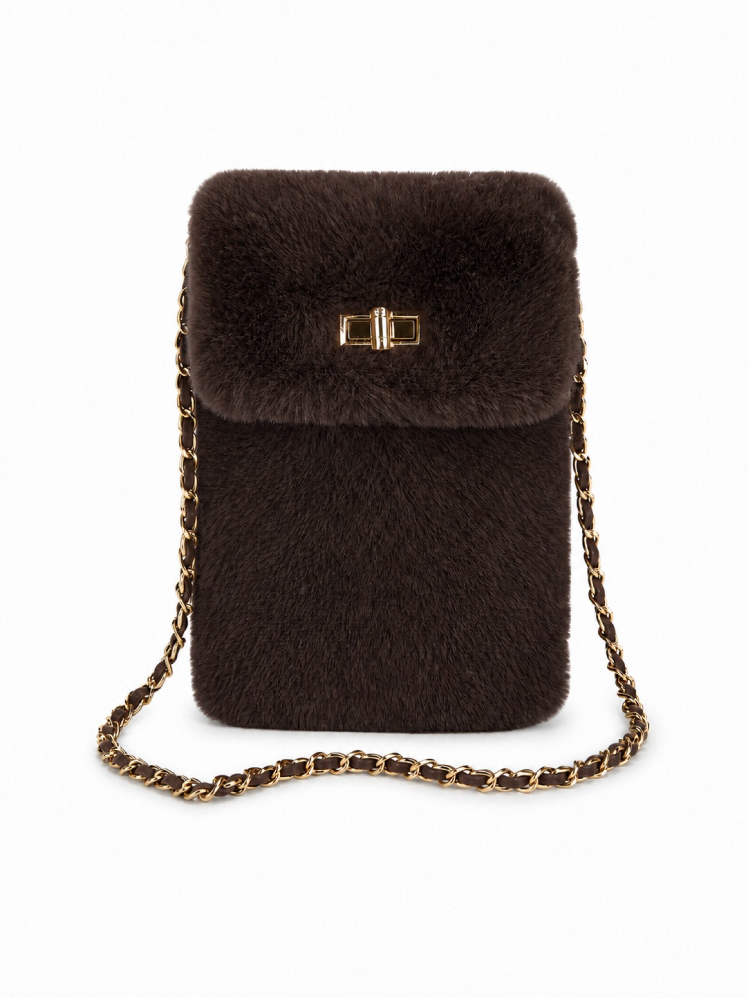 BRISE TASCHE Umhängetasche Mini Umhängetasche aus Kunstfell mit Kettenriemen, weiches Kunstfell, goldfarbener Kettenriemen, Drehverschluss