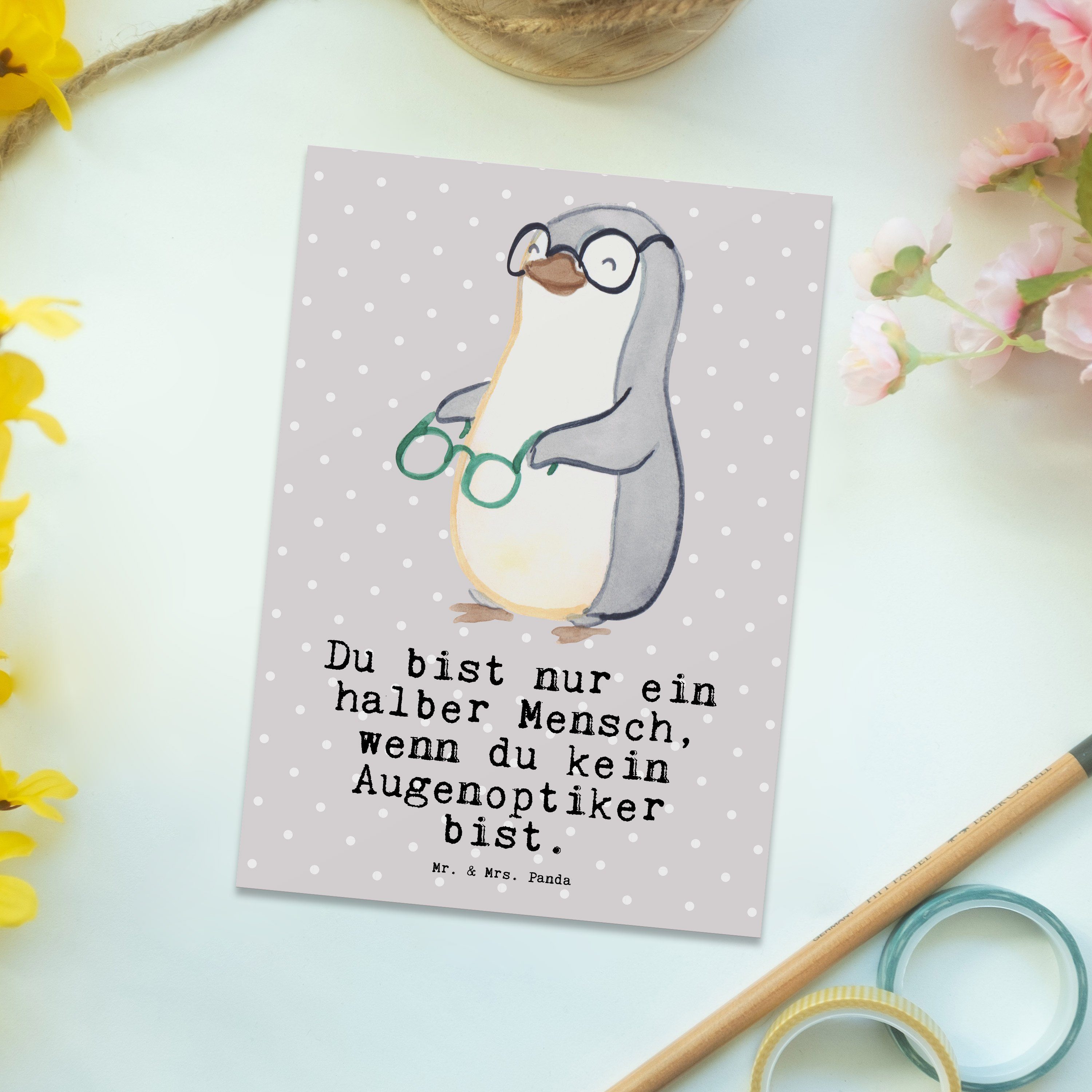 Geschenk, Grau - Herz - Panda Bril Pastell & Beruf, mit Mr. Postkarte Augenoptiker Kollege, Mrs.