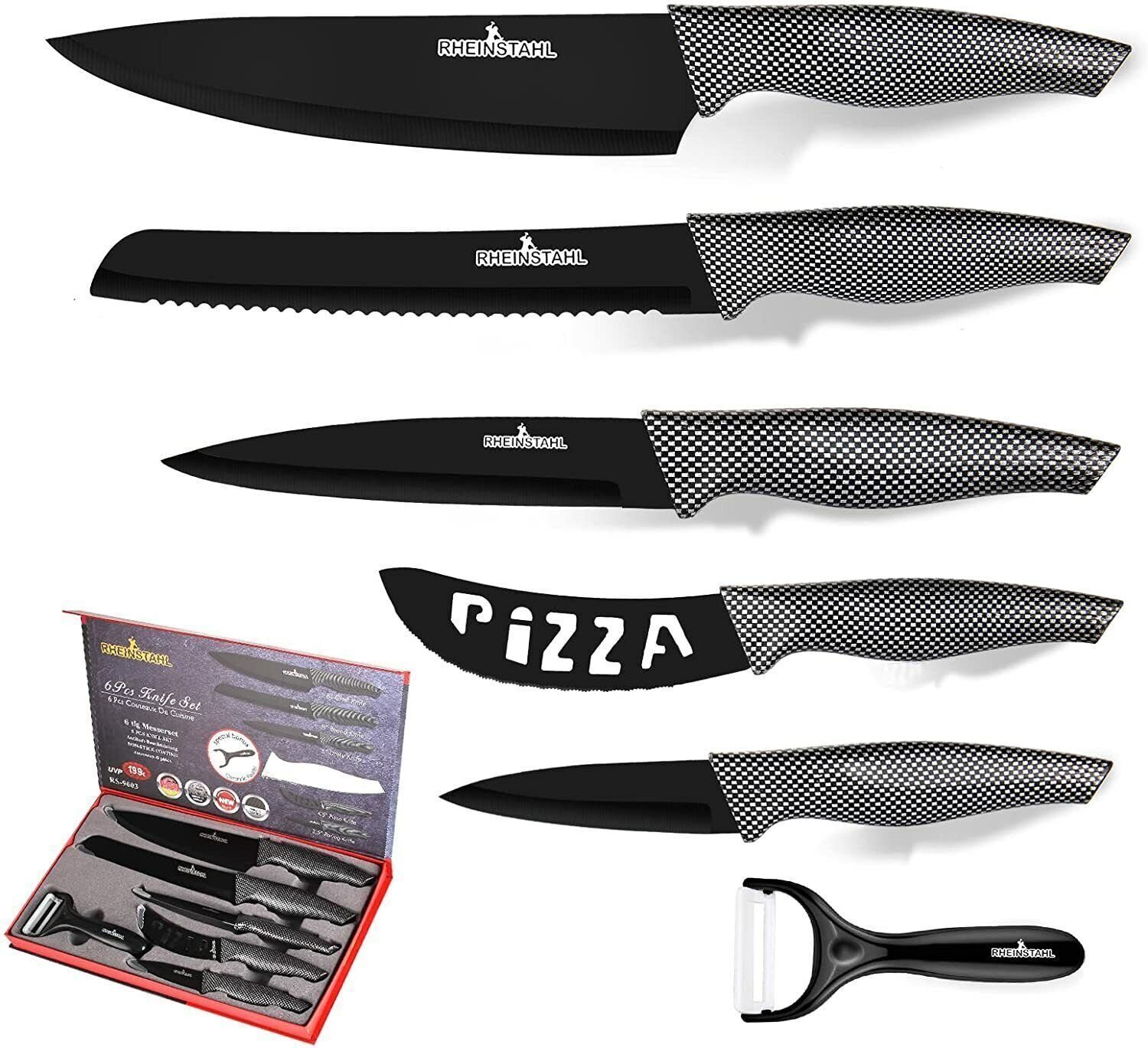 RHEINSTAHL Messer-Set 6-teilig- Edelstahl küchenmesser set mit Geschenkbox, Edelstahl + Antihaft, Profi knife set Messerset inkl. Schäler Schwarz-Weiß-Raster