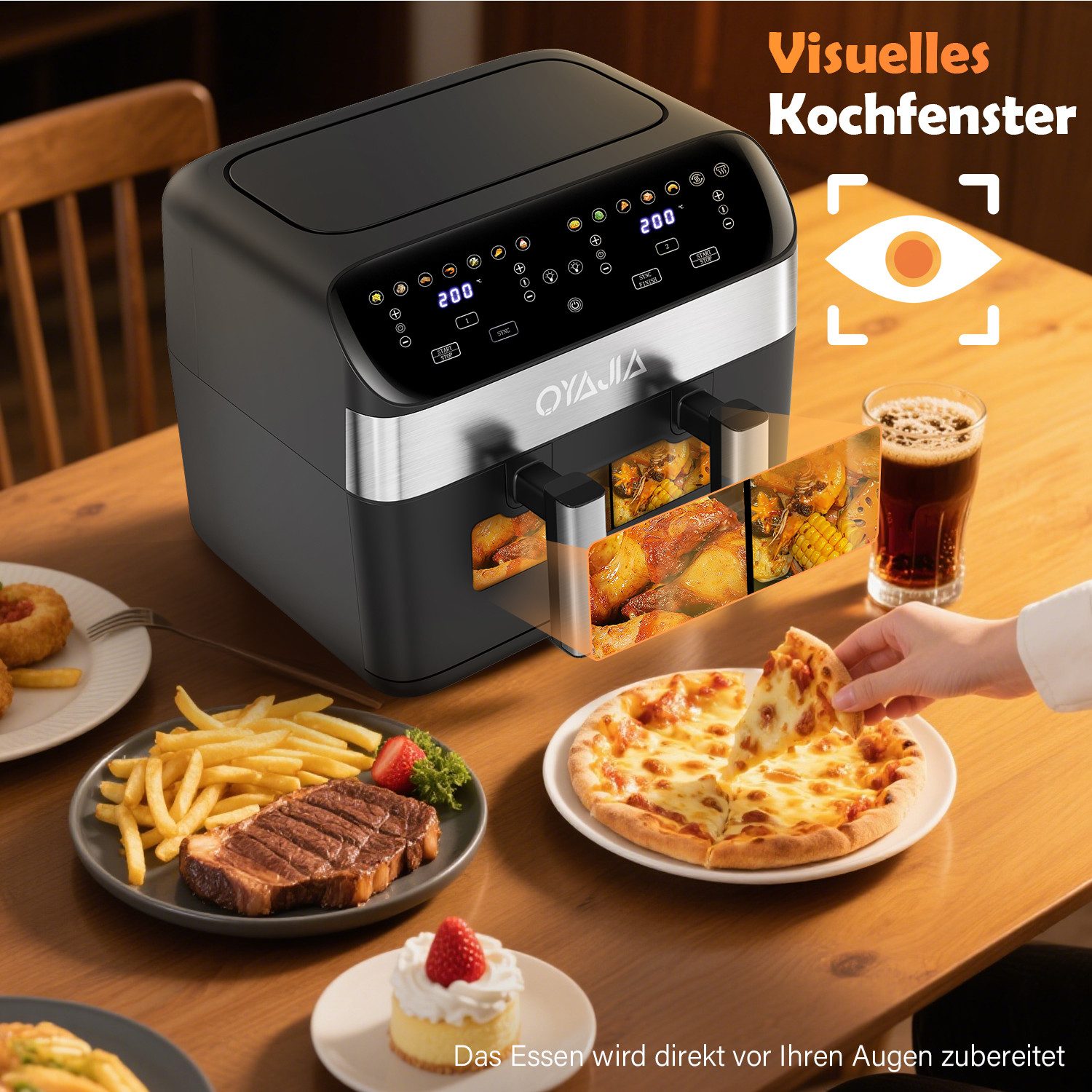 oyajia Heißluftfritteuse Airfryer GSE041T Flexible Basket mit Sichtfenster & Sync-Funktion, zwei Körbe mit 10L, 2600,00 W, 12 Kochfunktionen, Auftauen, Erwärmen, LED TouchScreen