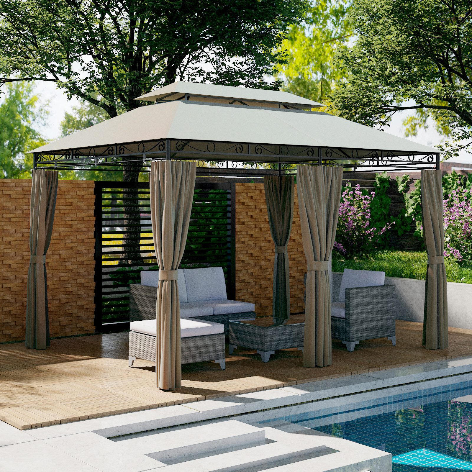 Mondeer Pavillon Gartenpavillon, mit 6 Seitenteilen Vorhänge Metallrahmen Dachplane, 300 x 400cm