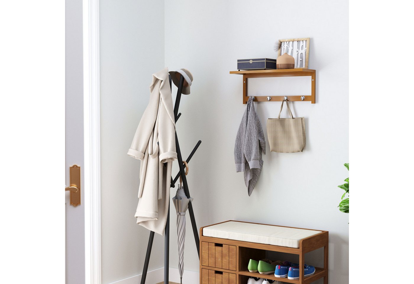 HOMCOM Garderobenleiste Garderobe mit 4 Haken Ablage, Garderobenpaneel 5 kg belastbar (Wandgarderobe, 1 St., Handtuchhalter), Platzsparend, vielseitig einsetzbar, Naturholz