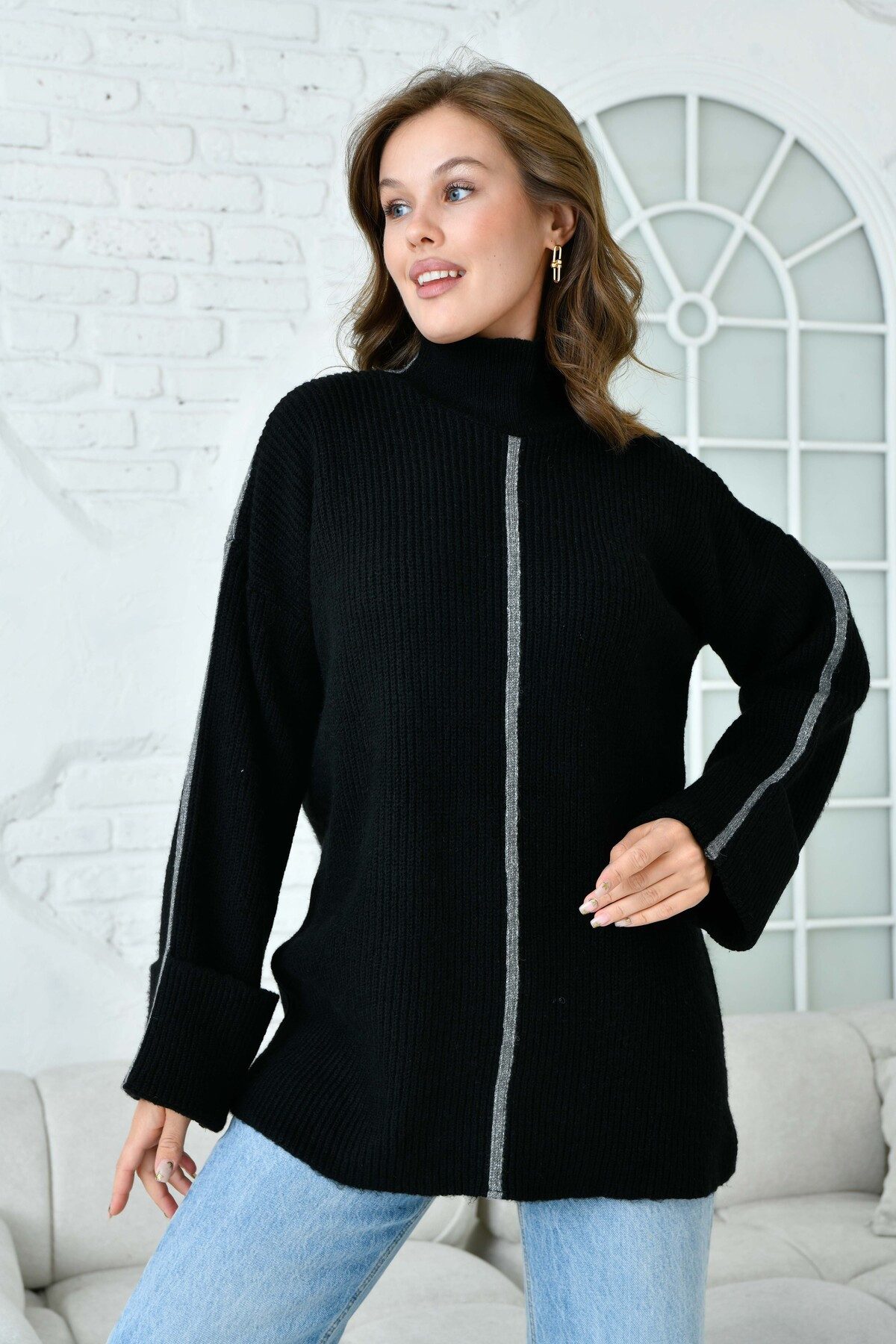 Sweater Oversize-Strickpullover mit Rollkragen und langen Ärmeln