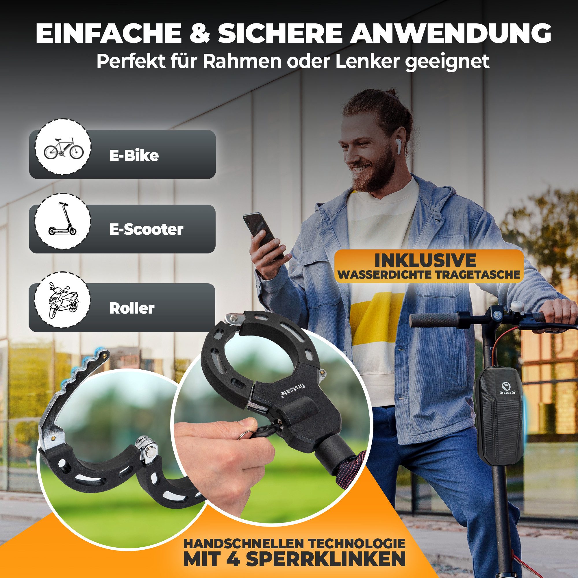 firstsafe Kettenschloss Handschellenschloss für E Scooter Schloss und Fahrrad mit Tasche (Set, Schloss + Tasche, 3 Schlüssel), Inklusive Scooter-Tasche – Bild 3 von 5