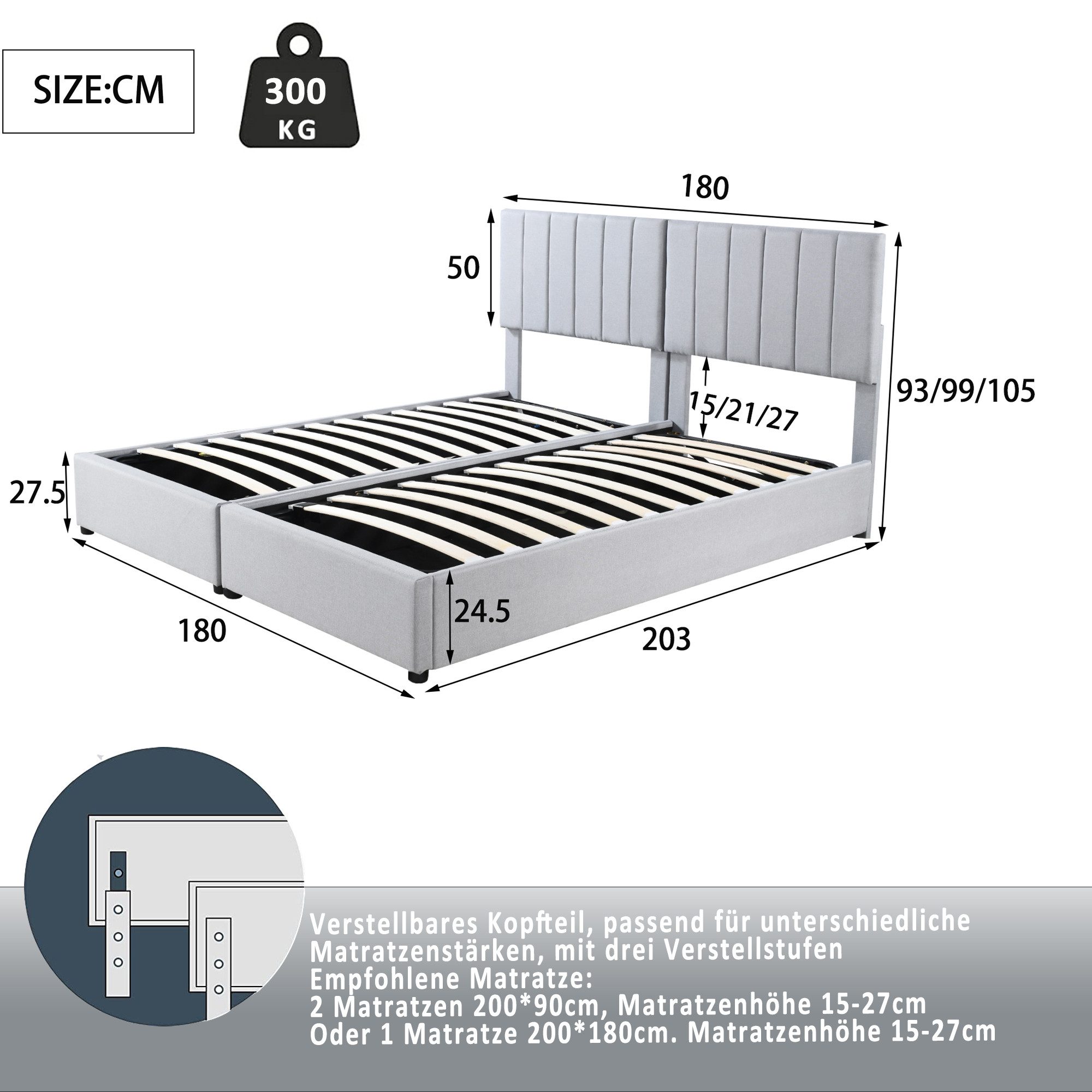Polsterbett (Doppelbett), hydraulisches Stauraumbett 180x200cm mit verstellbarem Kopfteil Leinen