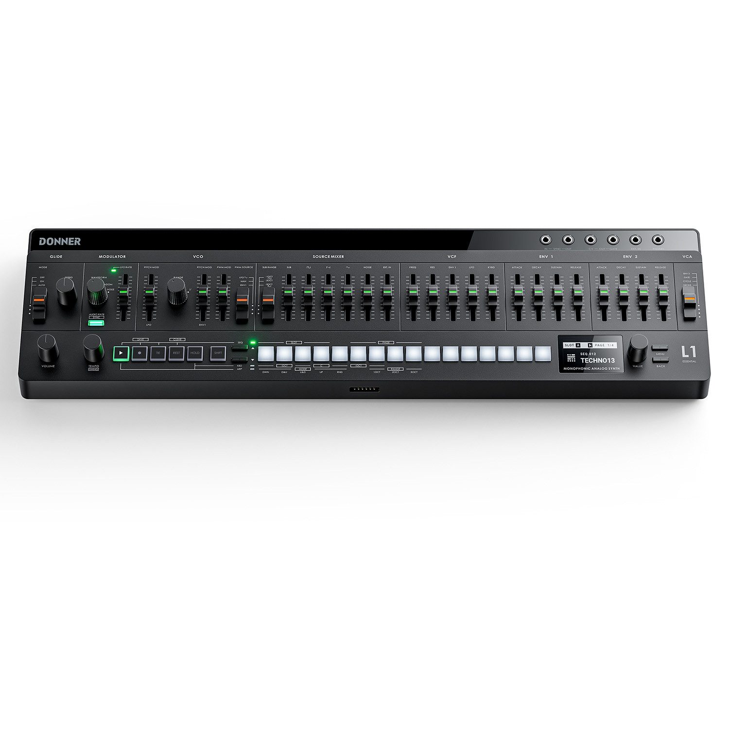Donner DJ Controller Analoger Synthesizer mit 64-Step-Sequenzer und S2C, ESSENTIAL L1, Monophoner Analogsynthesizer, 64-Step-Sequenzer, 5-Modus-Arpeggiator