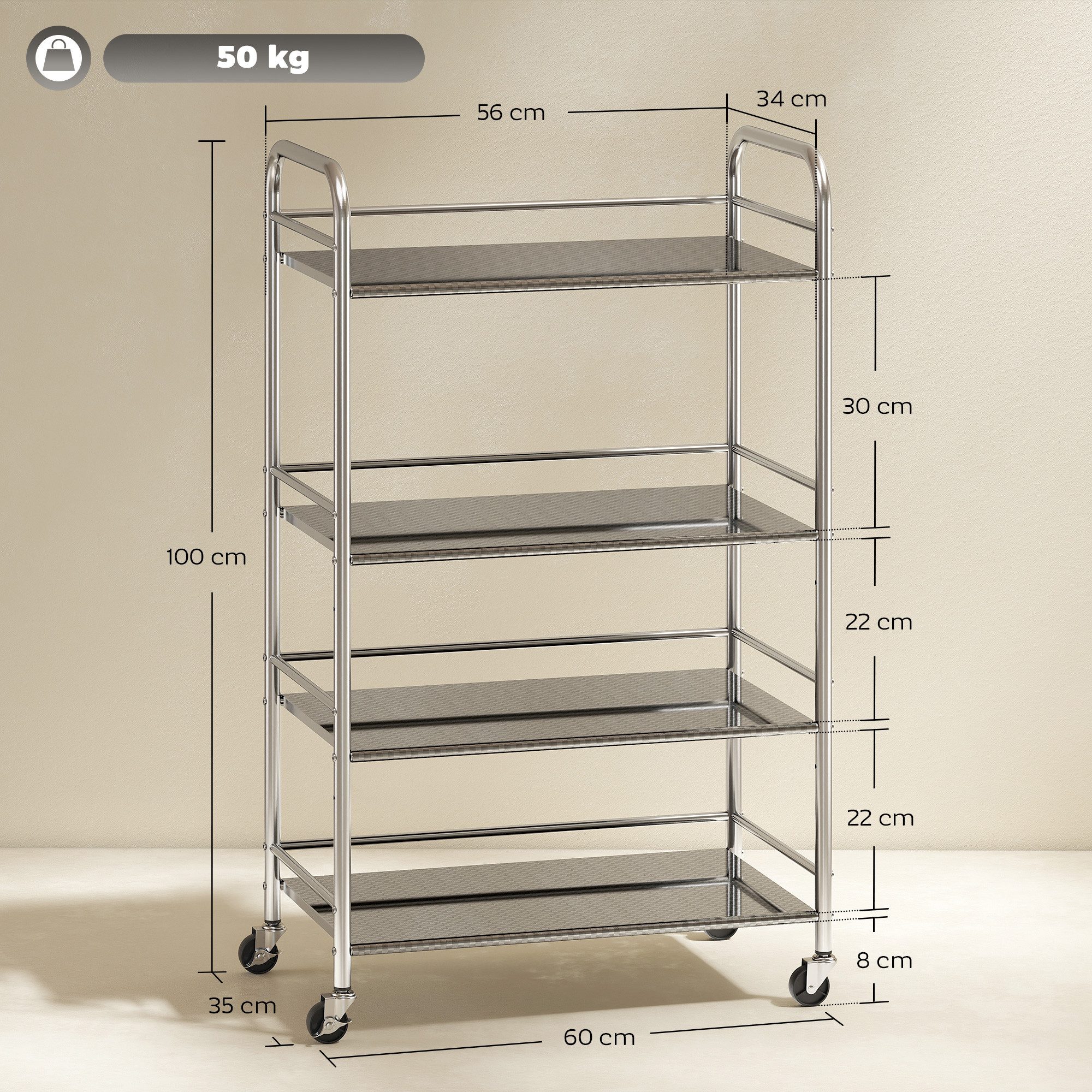 HOMCOM Küchenwagen Rollwagen Servierwagen aus Edelstahl für Wohnzimmer Küche Bad Büro, (Set, 1 St., 1), 4 Ebenen, höhenverstellbare Regale, max. 50 kg