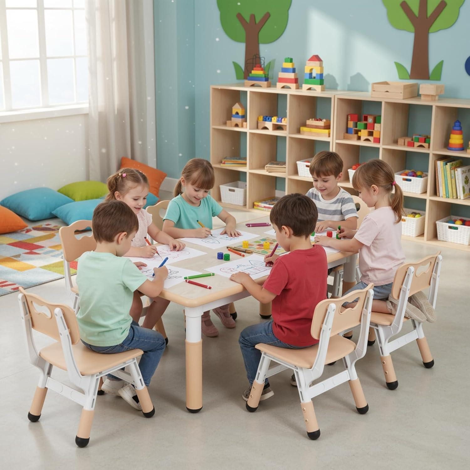 LuxusKollektion Kindertisch Kindertisch Höhenverstellbar 6 Stühle Plastik 60 x 60 x 120 cm Gelb