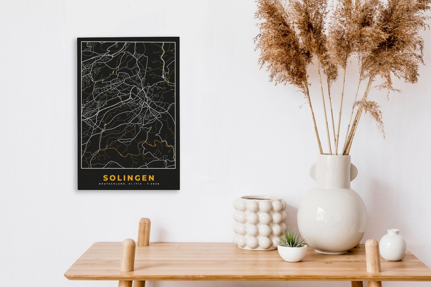 (1 Leinwandbild - Karte, inkl. Solingen 20x30 - St), - Gemälde, Stadtplan Deutschland - Gold cm Zackenaufhänger, fertig Leinwandbild bespannt OneMillionCanvasses®