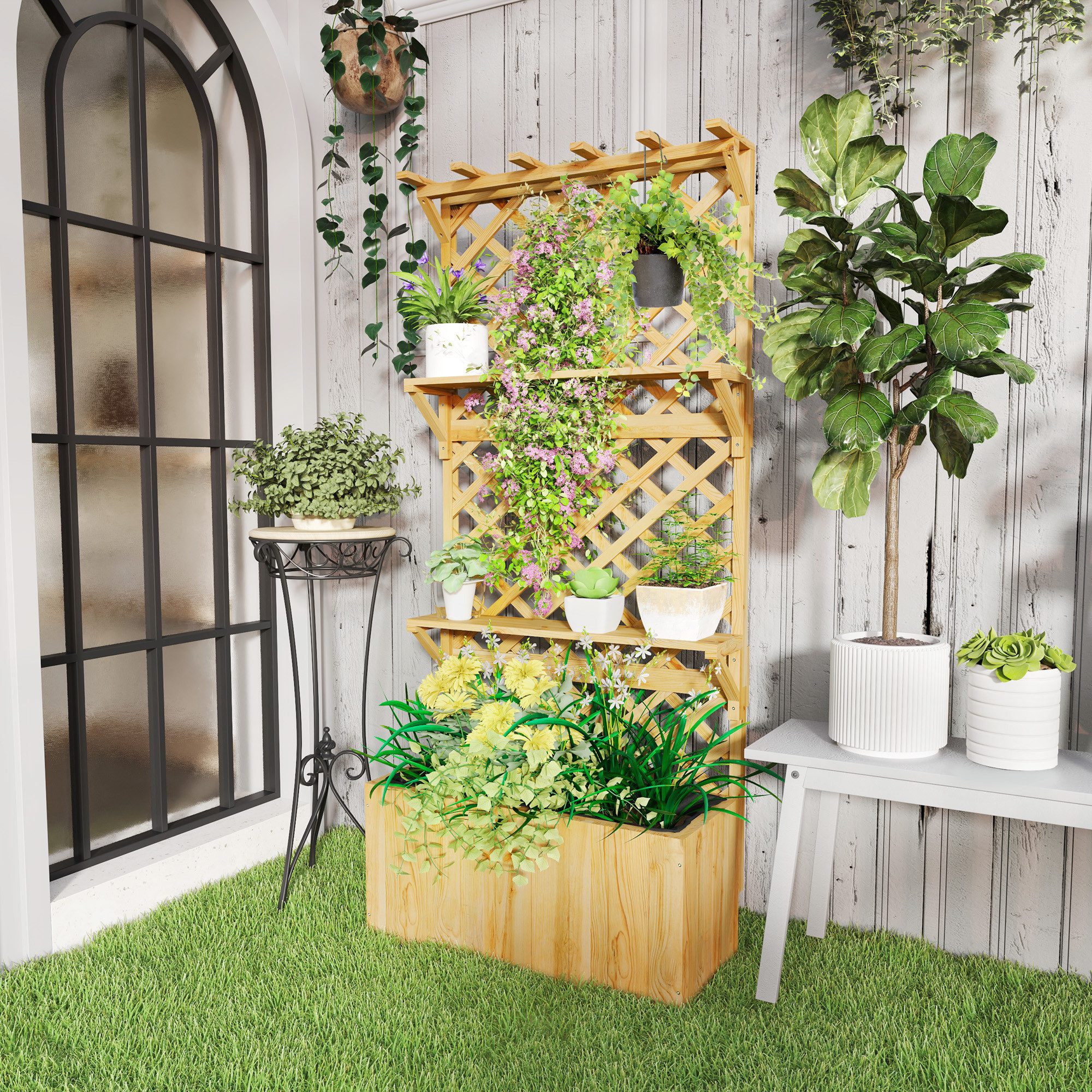 Outsunny Hochbeet mit Spalier, Regale, aus Tanneholz (Pflanzkasten, 1 St., Gemüsebeet), für Terrasse, Garten, 76 x 33 x 177 cm