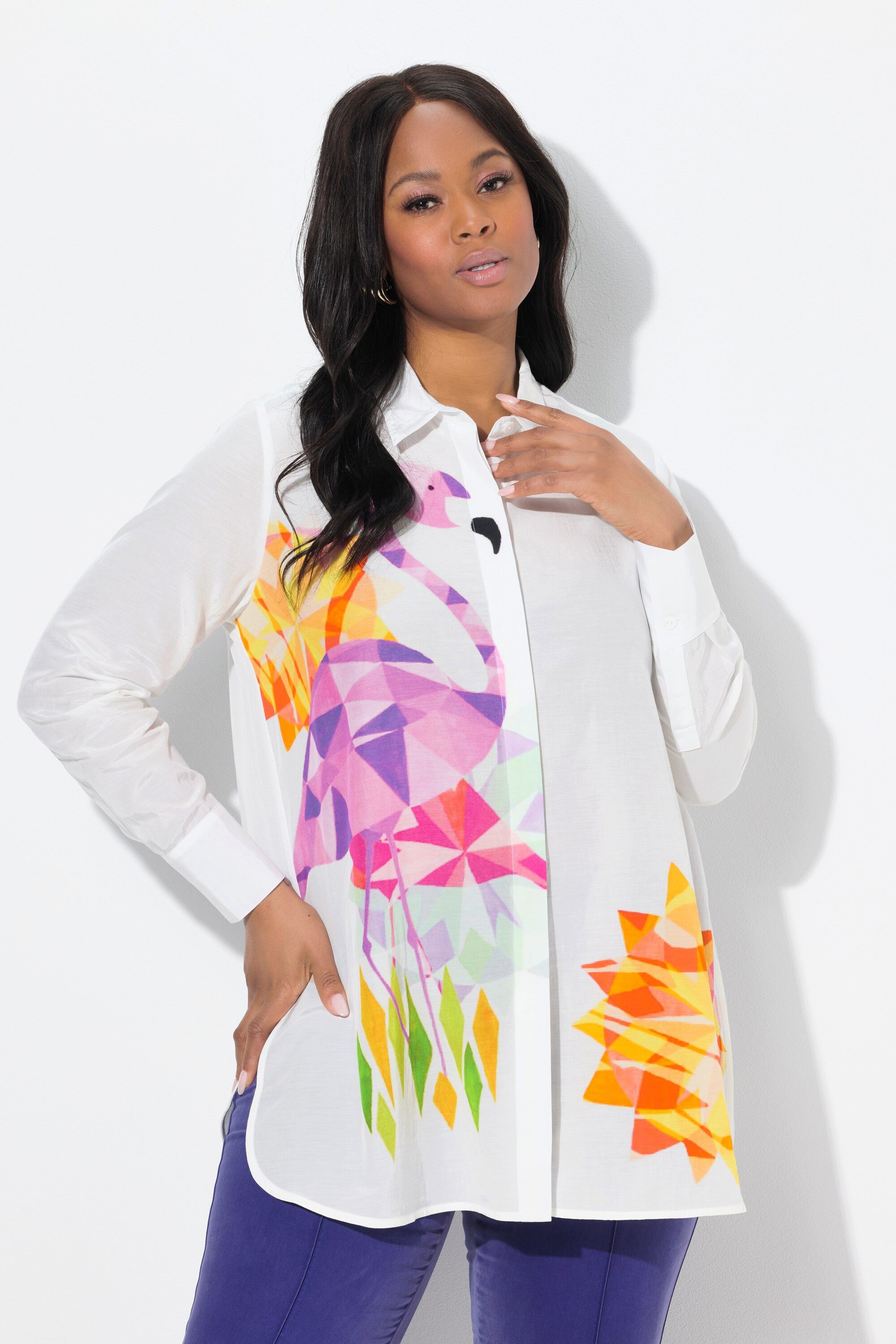 Ulla Popken Hemdbluse Bluse Flamingos A-Linie Hemdkragen Langarm günstig online kaufen