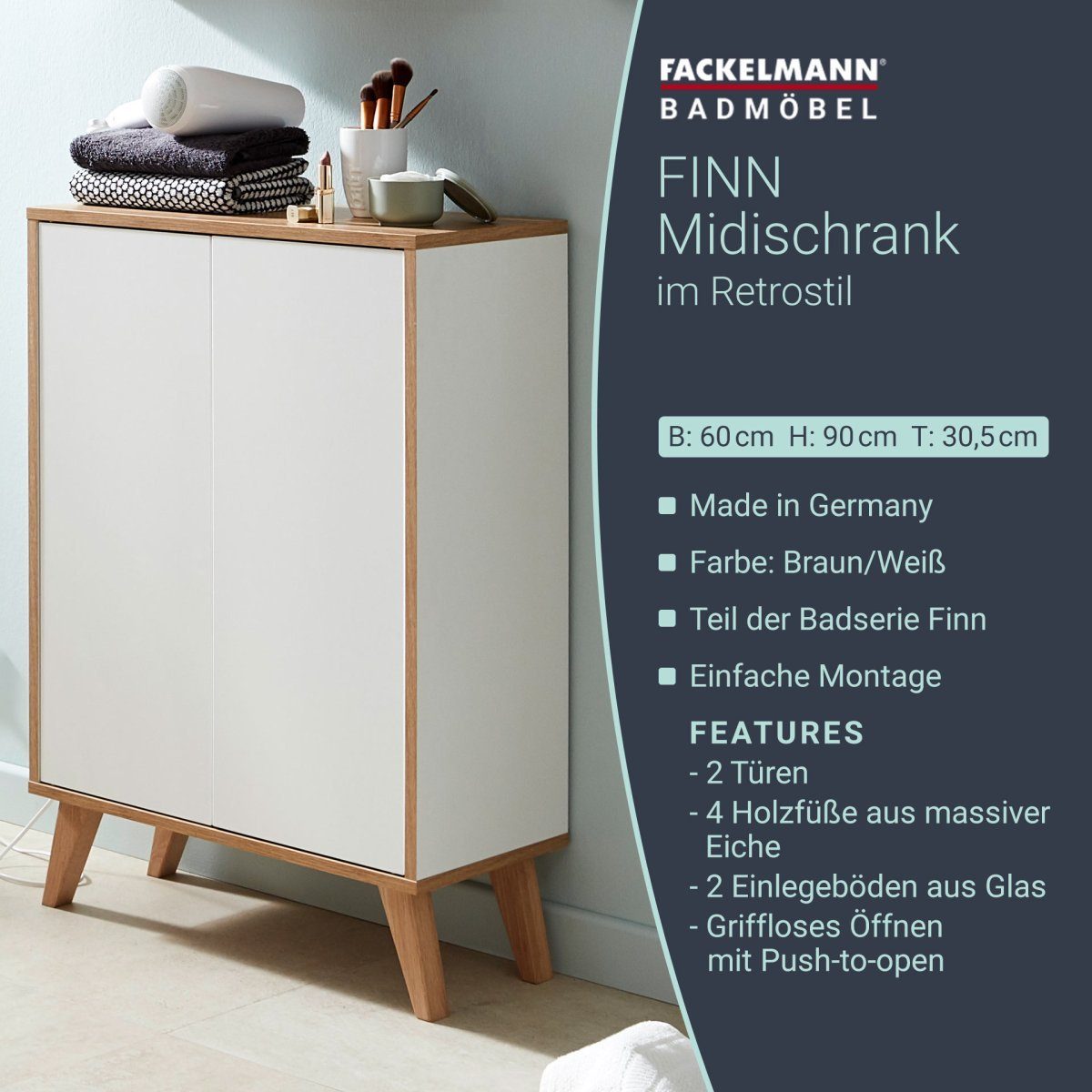 FACKELMANN Badmöbel-Set Finn Doppel Midischrank 60 cm mit Füßen, hell braun / weiß