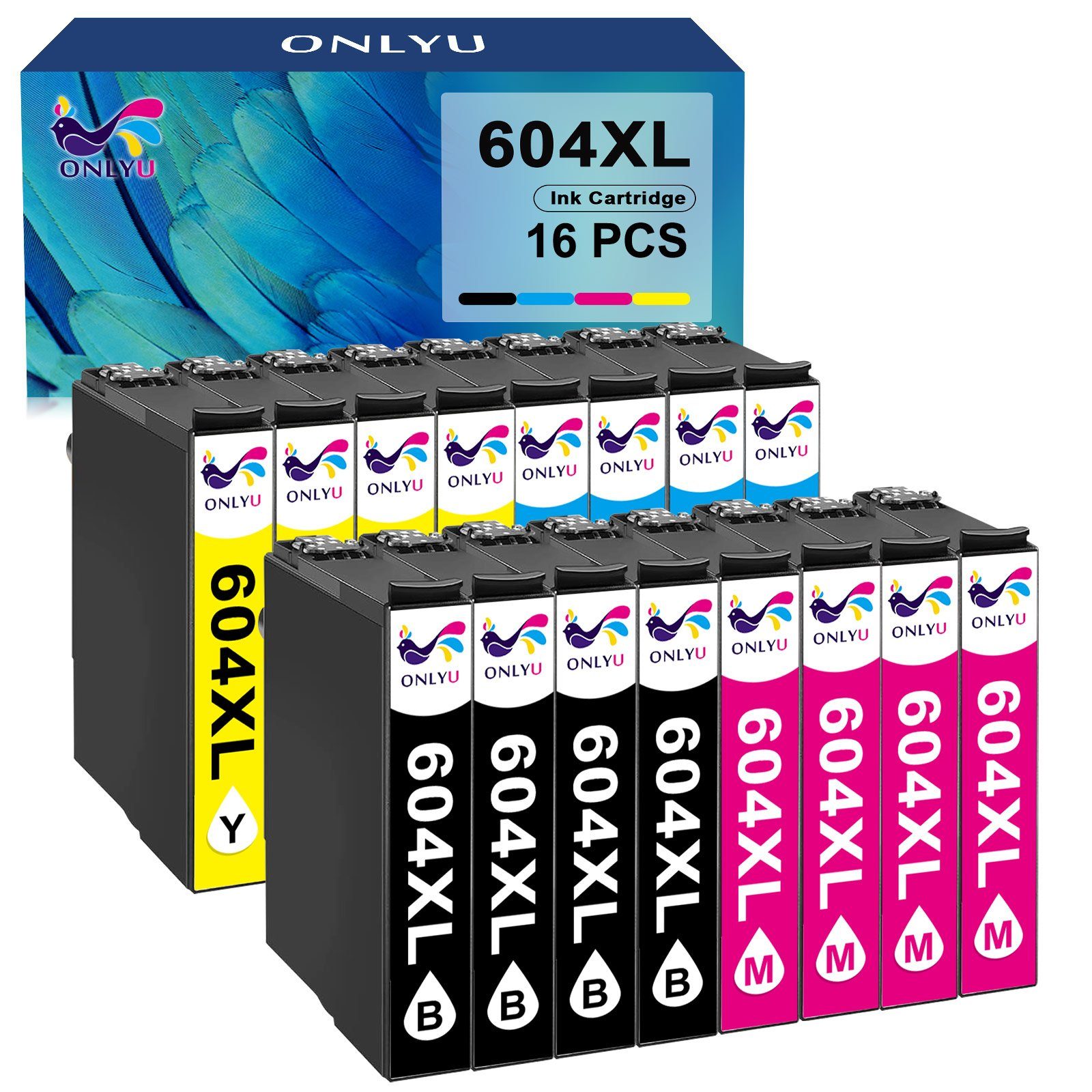ONLYU 16PK 604 Druckerpatronen ersetzt für Epson 604XL Tintenpatrone (Schwarz/Cyan/Magenta/Gelb für Epson WF-2910DWF WF-2930DWF WF-2935DWF WF-2950DWF, XP-2200 XP-2205 XP-3200 XP-3205 XP-4200 XP-4205 XP-4250)