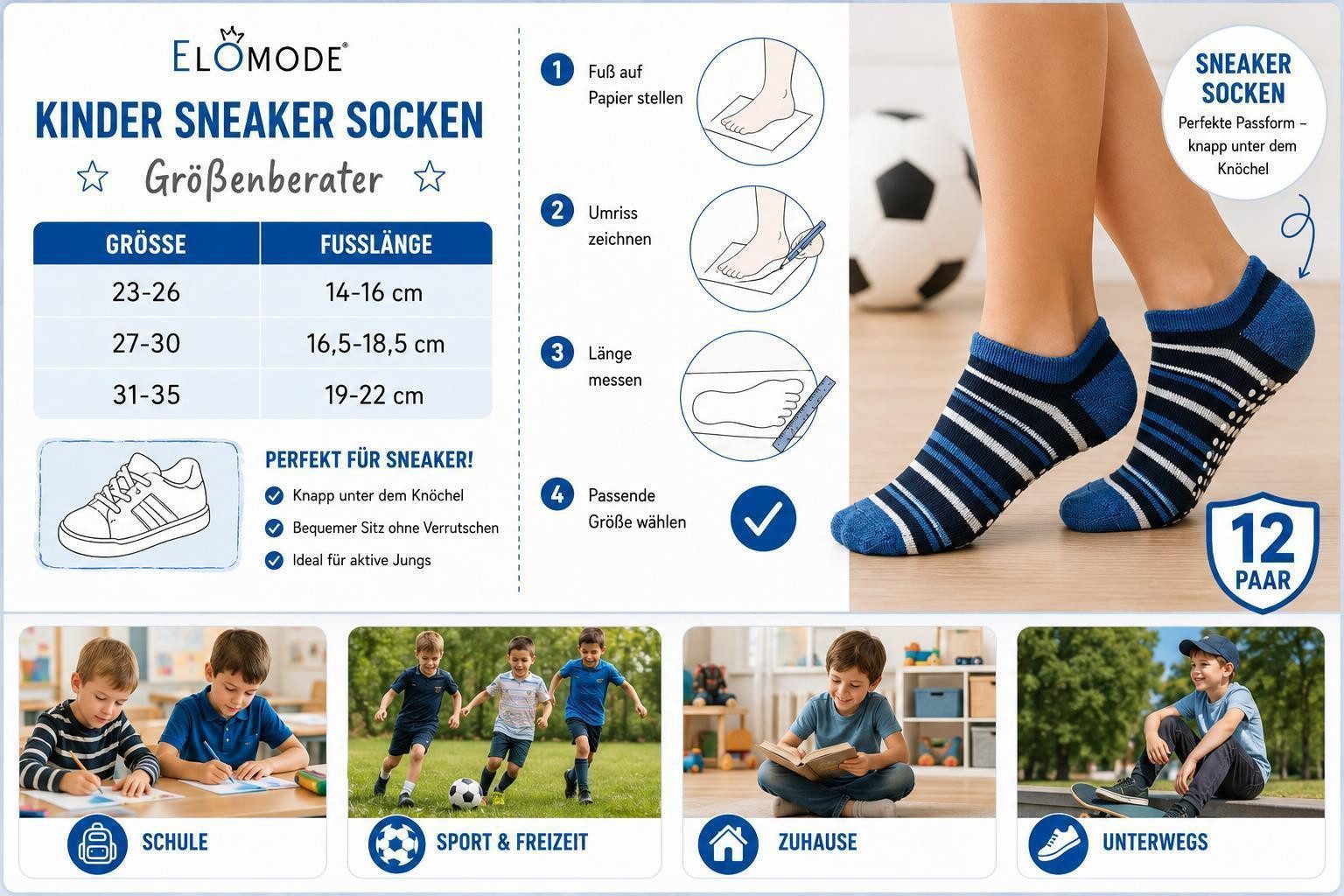 EloModa Sneakersocken Kinder Sneaker Socken 12 Paar Antirutsch ABS Noppen Baumwolle, (12-Paar) 12 Paar Kinder Sneaker Socken mit ABS Antirutsch-Noppen – Bild 3 von 3