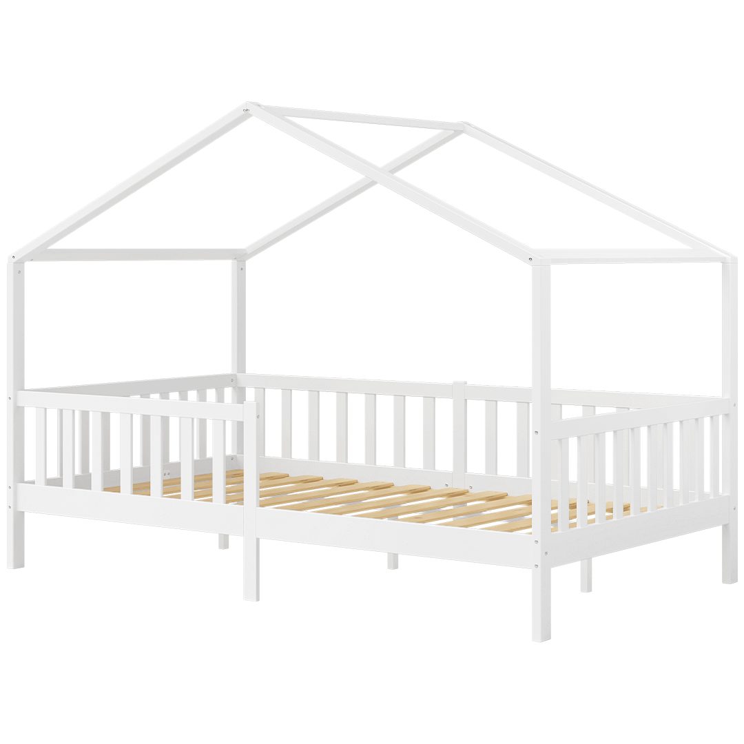 Bellabino Kinderbett Bia mit Rausfallschutz & Lattenrost (weiß, mit Matratze), Kinderbett aus Kiefernholz, verfügbar in 80x160/90/120/140x200 cm