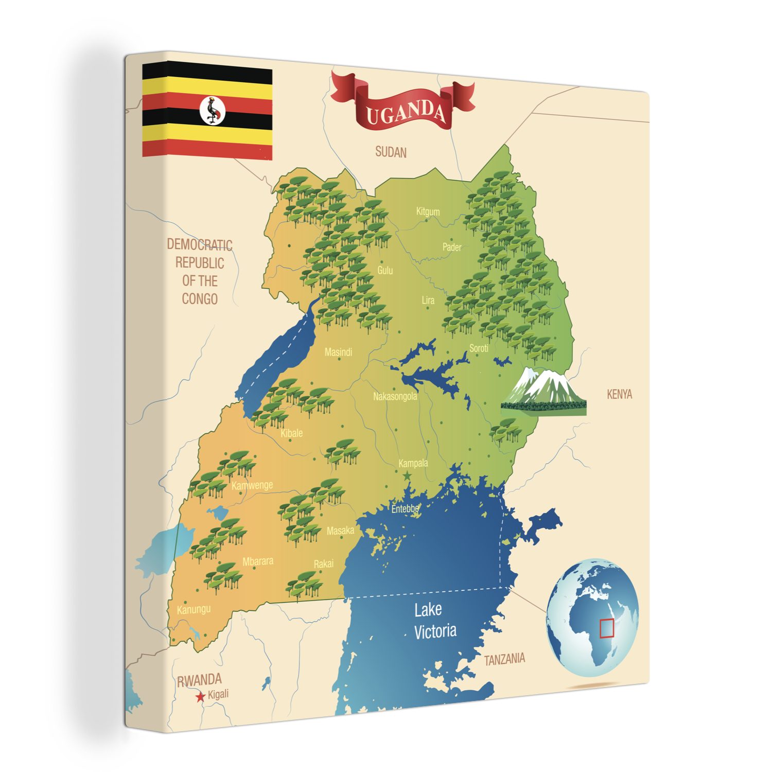 OneMillionCanvasses® Leinwandbild Illustration von Uganda auf einer Karte mit kleinen Zeichnungen, (1 St), Leinwand Bilder für Wohnzimmer Schlafzimmer