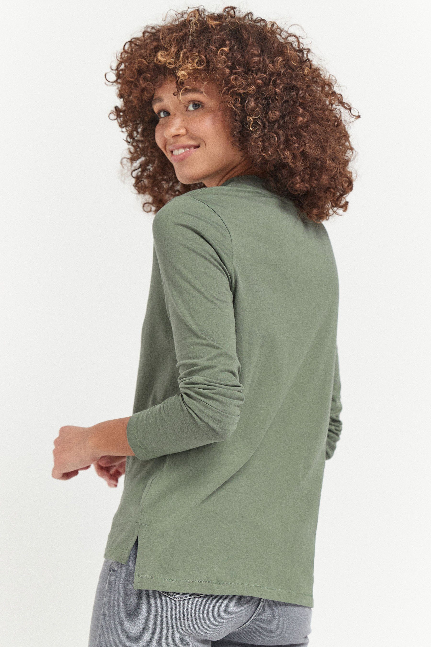 Next Langarmshirt Langarm-Shirt mit Khaki (1-tlg) Green Stehkragen