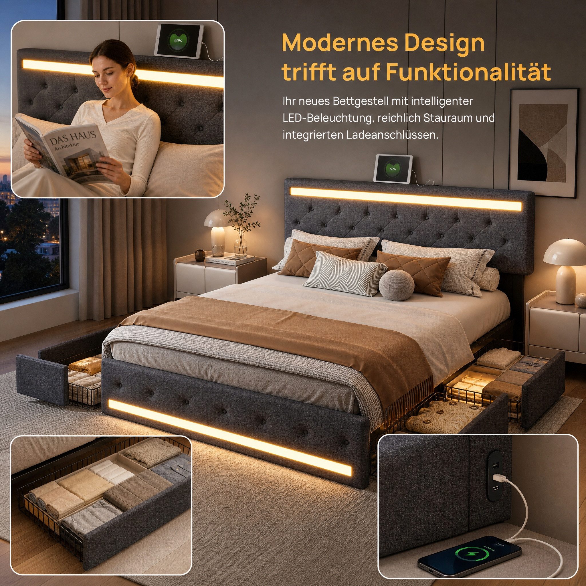 PXloue Polsterbett LED Doppelbett 140x200cm mit Ladefunktion und 4 Schubladen Polsterbett (Geeignet für Jugendliche und Erwachsene), Stauraumbett, mit RGB-LED,  – Bild 3 von 5