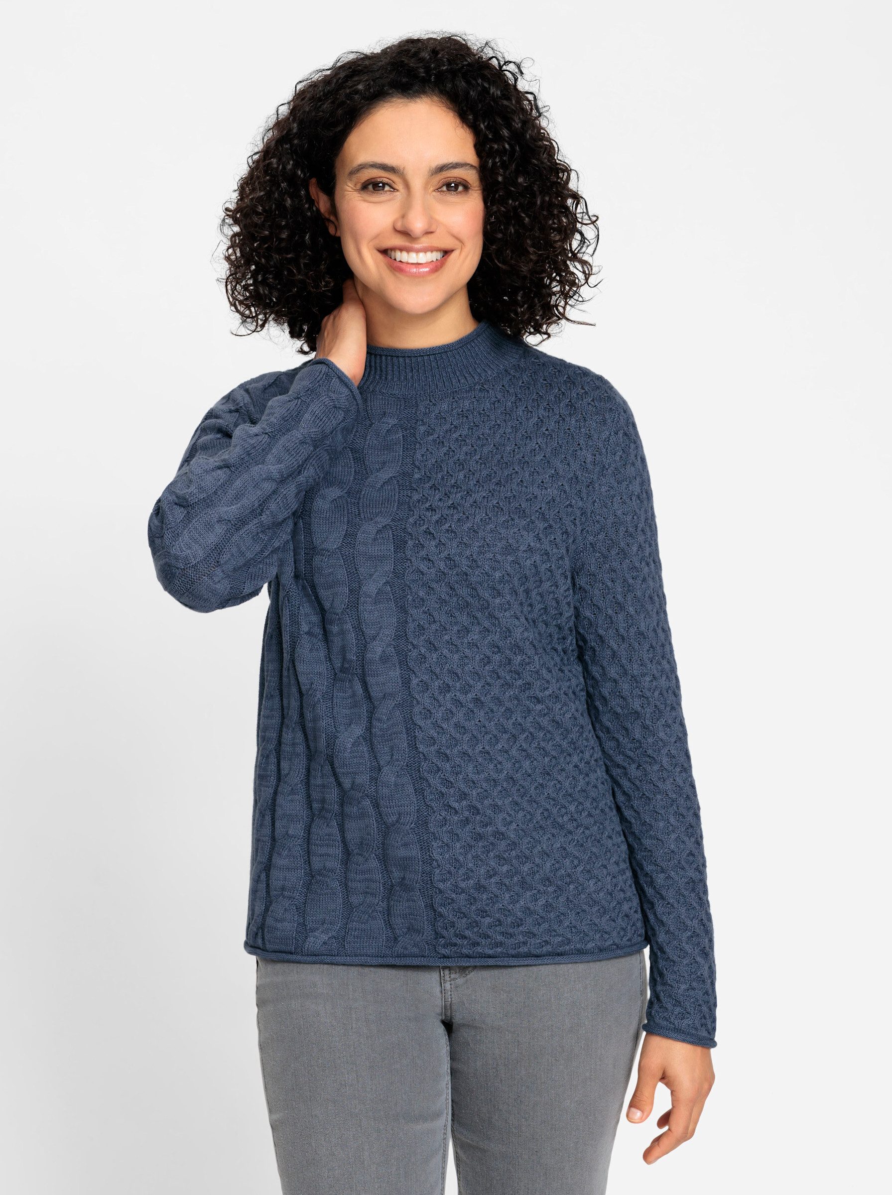 Strickpullover Stehkragen-Pullover Langarm Zopfmuster, Grobstrick