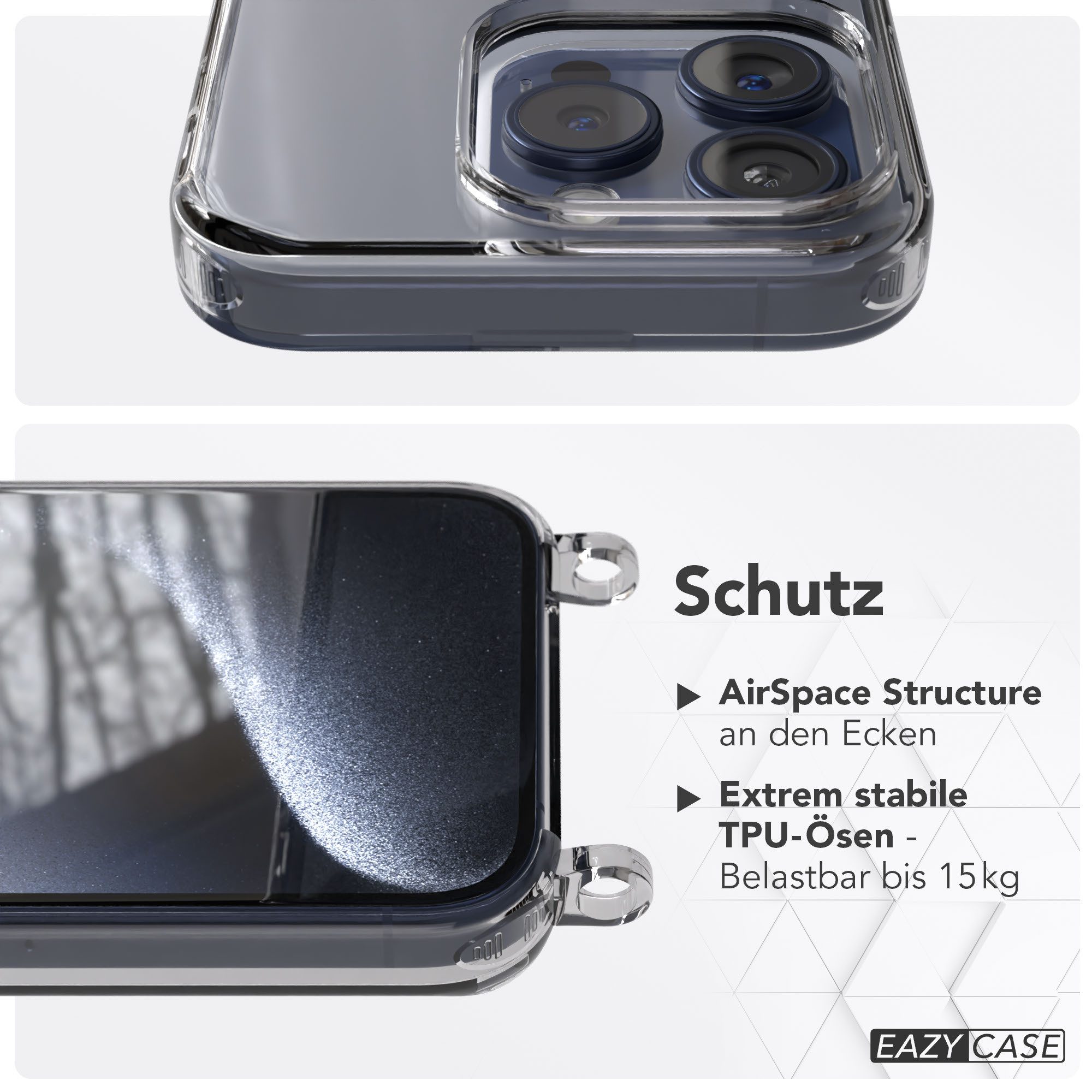 EAZY CASE Handykette Handyhülle für Handyketten mit Befestigungsösen für iPhone Modelle 6,1 Zoll, Hülle für Handykette, Transparent mit Ösen für Apple iPhone 15 Pro