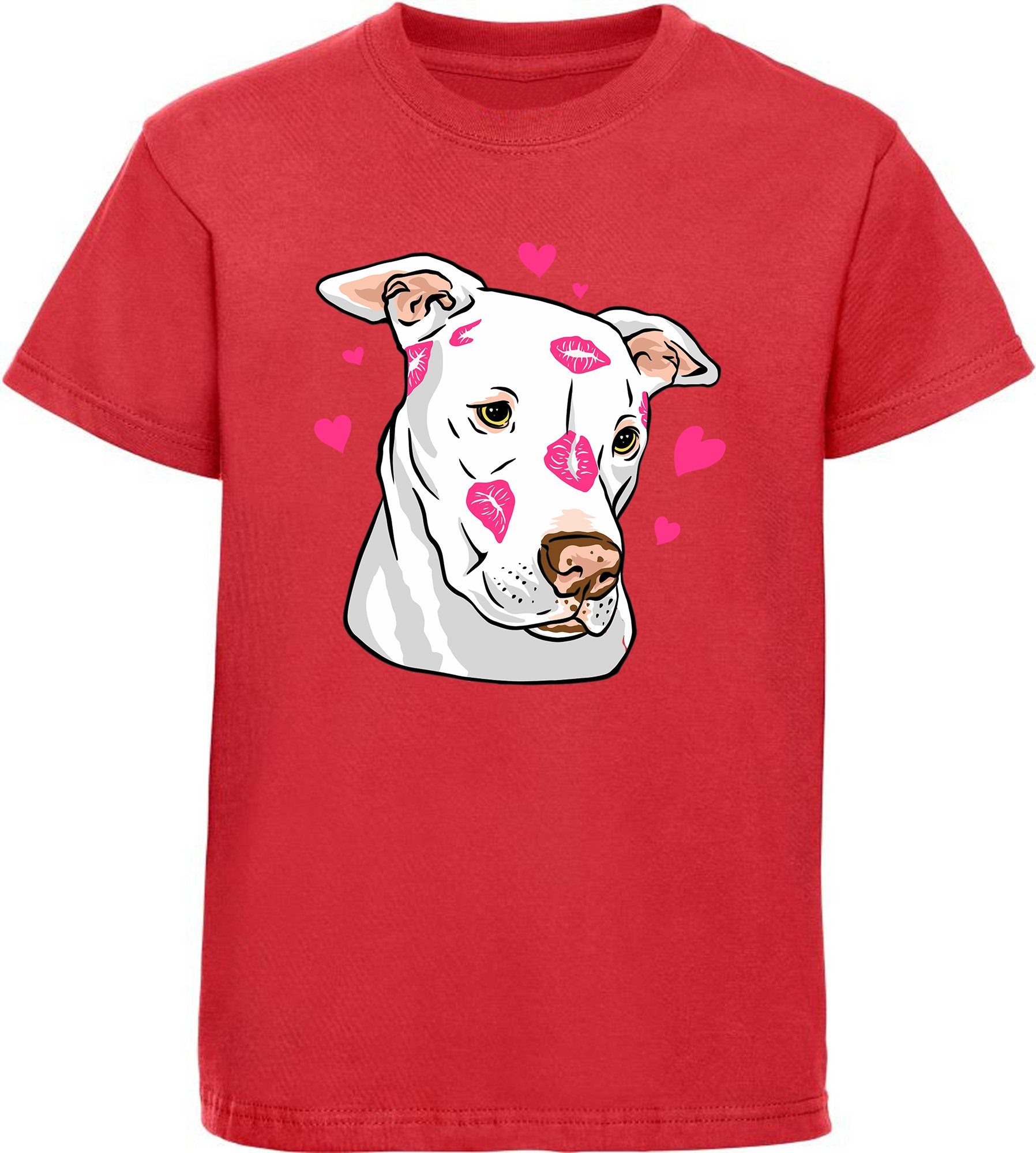 MyDesign24 Print-Shirt bedrucktes Kinder Hunde T-Shirt Pitbull i229 Aufdruck, Baumwollshirt Herzen rot mit mit 
