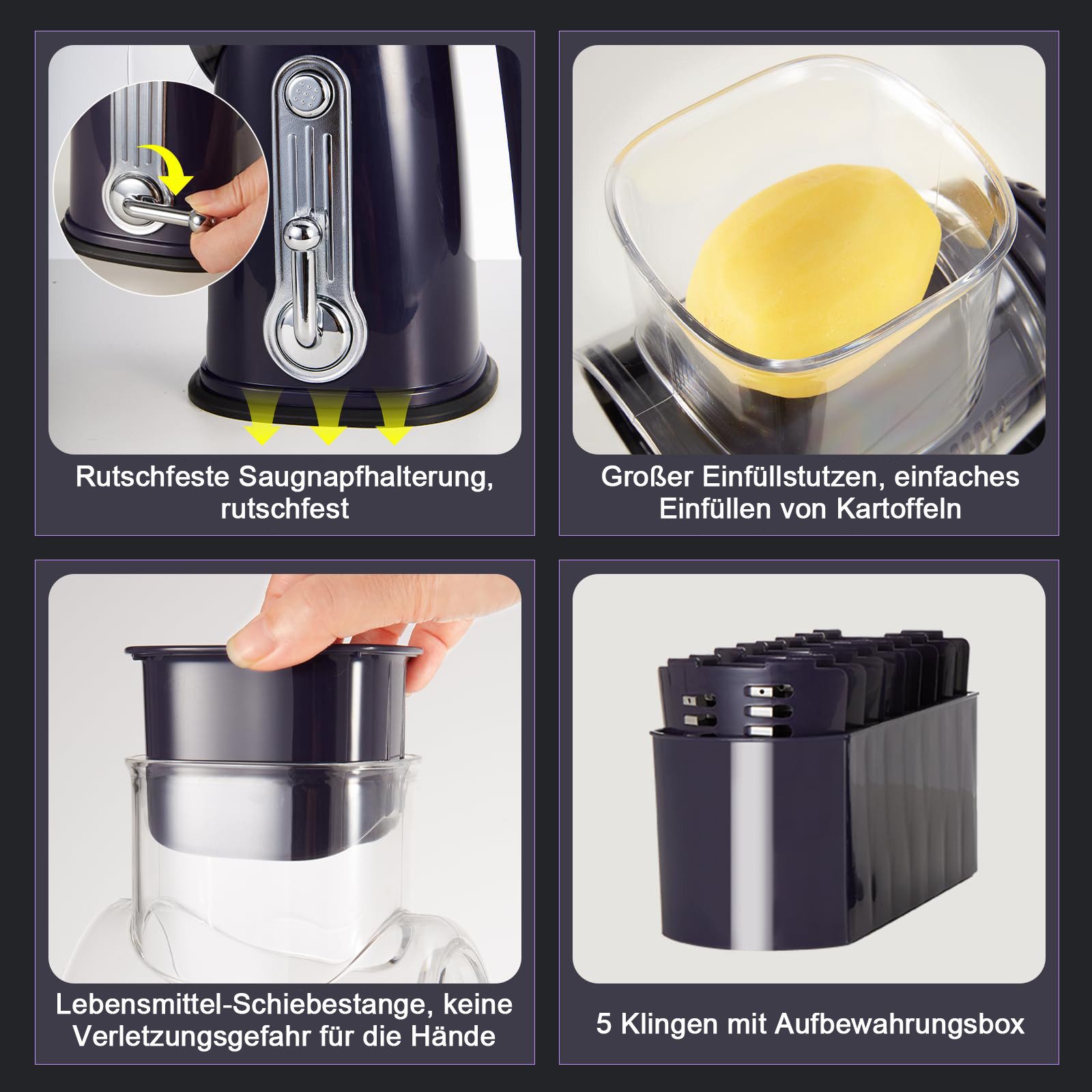 Rhein Beleuchtung Gemüsehobel 5-in-1 Rotationsreibe mit Kurbel & Saugnapf für Gemüse & Käse, 18/10 Edelstahl, Kunststoff, (Set, 1-St., Multifunktionaler Küchenh – Bild 4 von 5