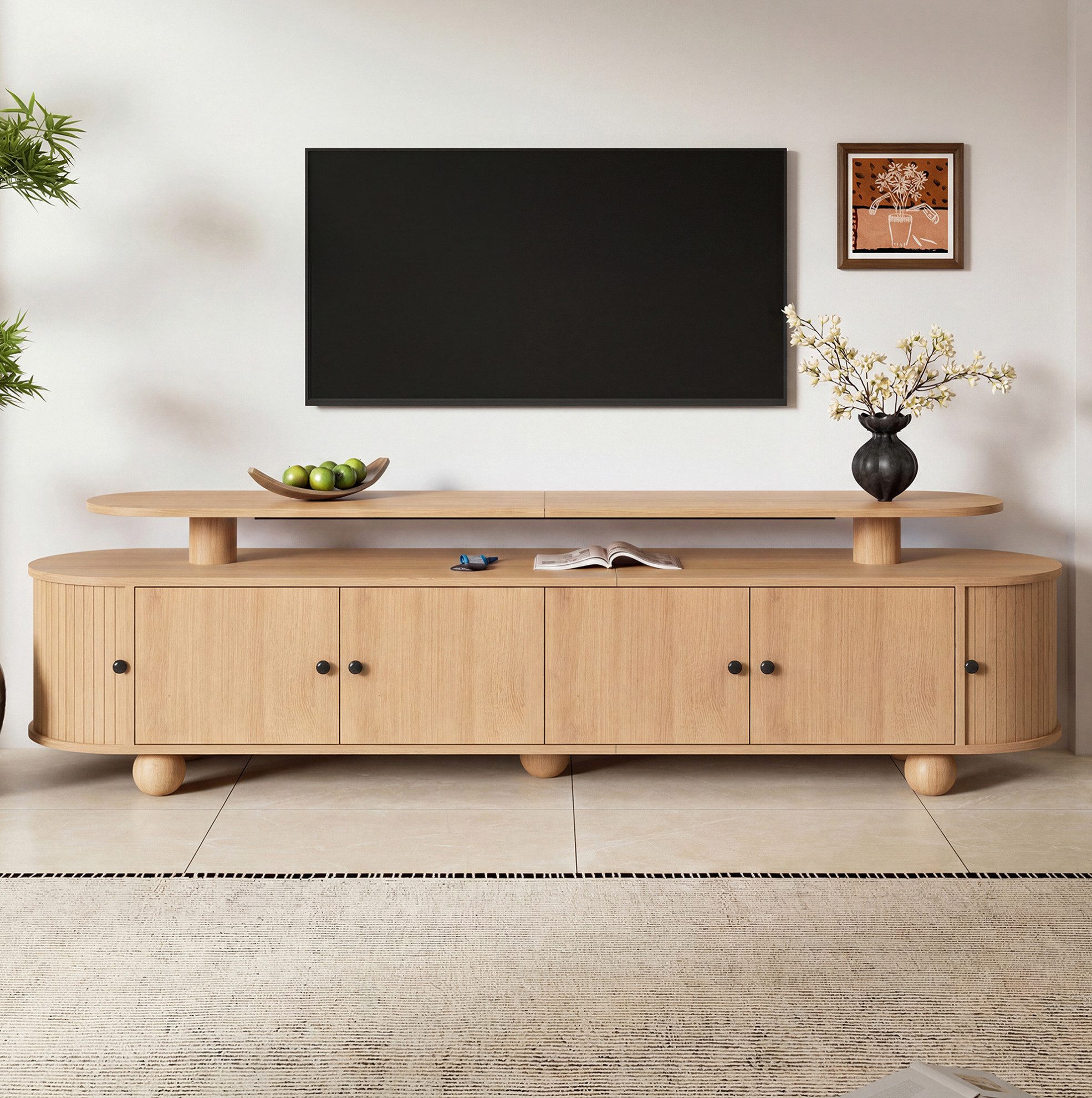 MODFU TV-Schrank Lowboard mit 4 Türen, 2 Schiebetüren & LED (Packung, 1-St., Natur, 180×40×48 cm, für Wohnzimmer) MDF, Kugelfüße, Kabeldurchlässe