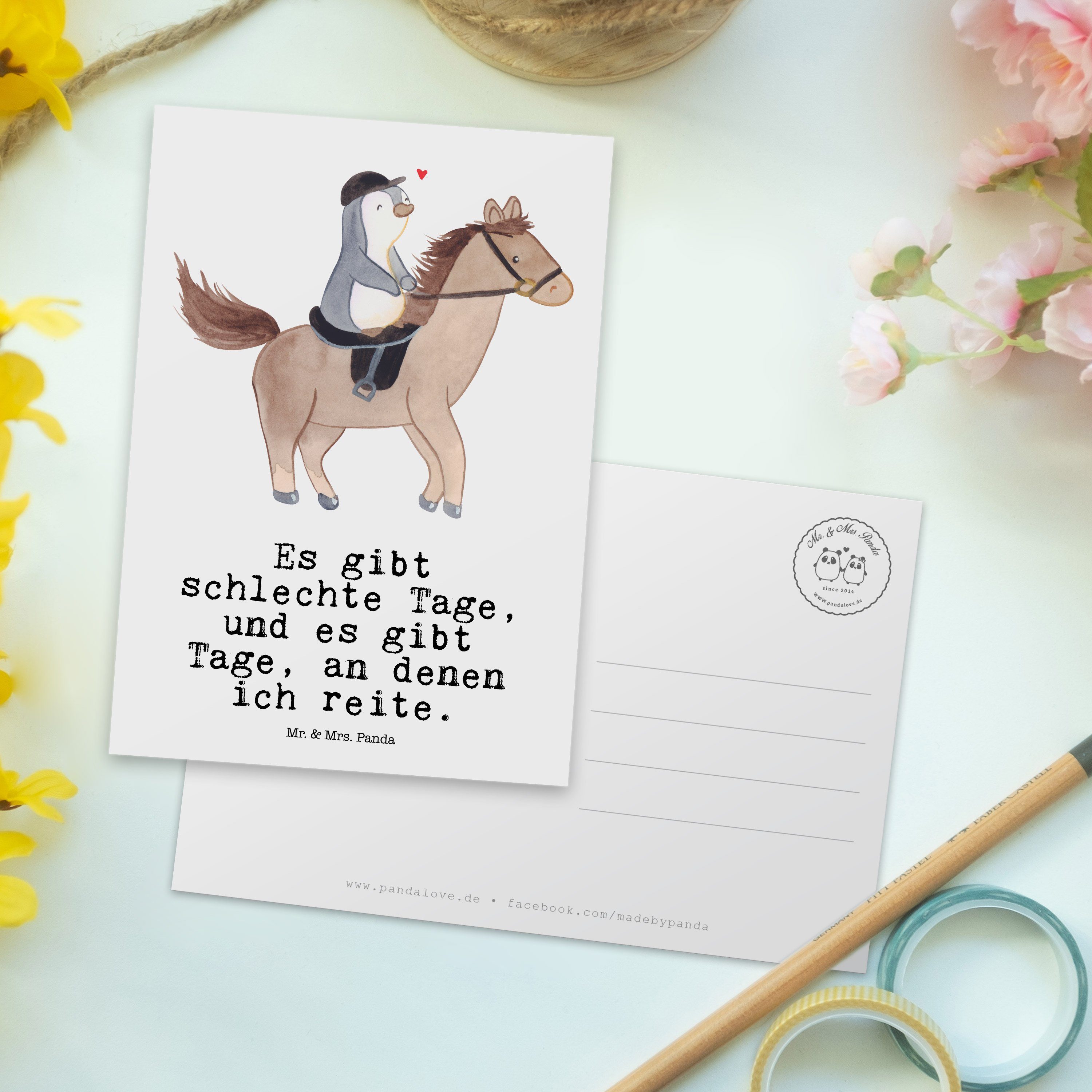 Postkarte Reiten Ansichtskart & - Mr. Mrs. Panda - Dankeskarte, Tage Geschenk, Weiß Hobby, Pferd
