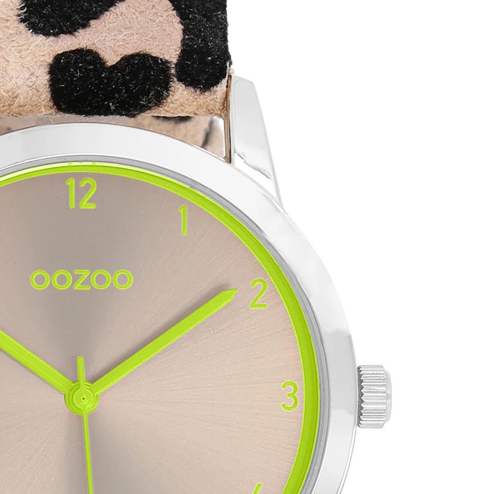 OOZOO Quarzuhr Damenuhr C11645 – Lemon & Taupe – Leoprint-Lederband – 38 mm