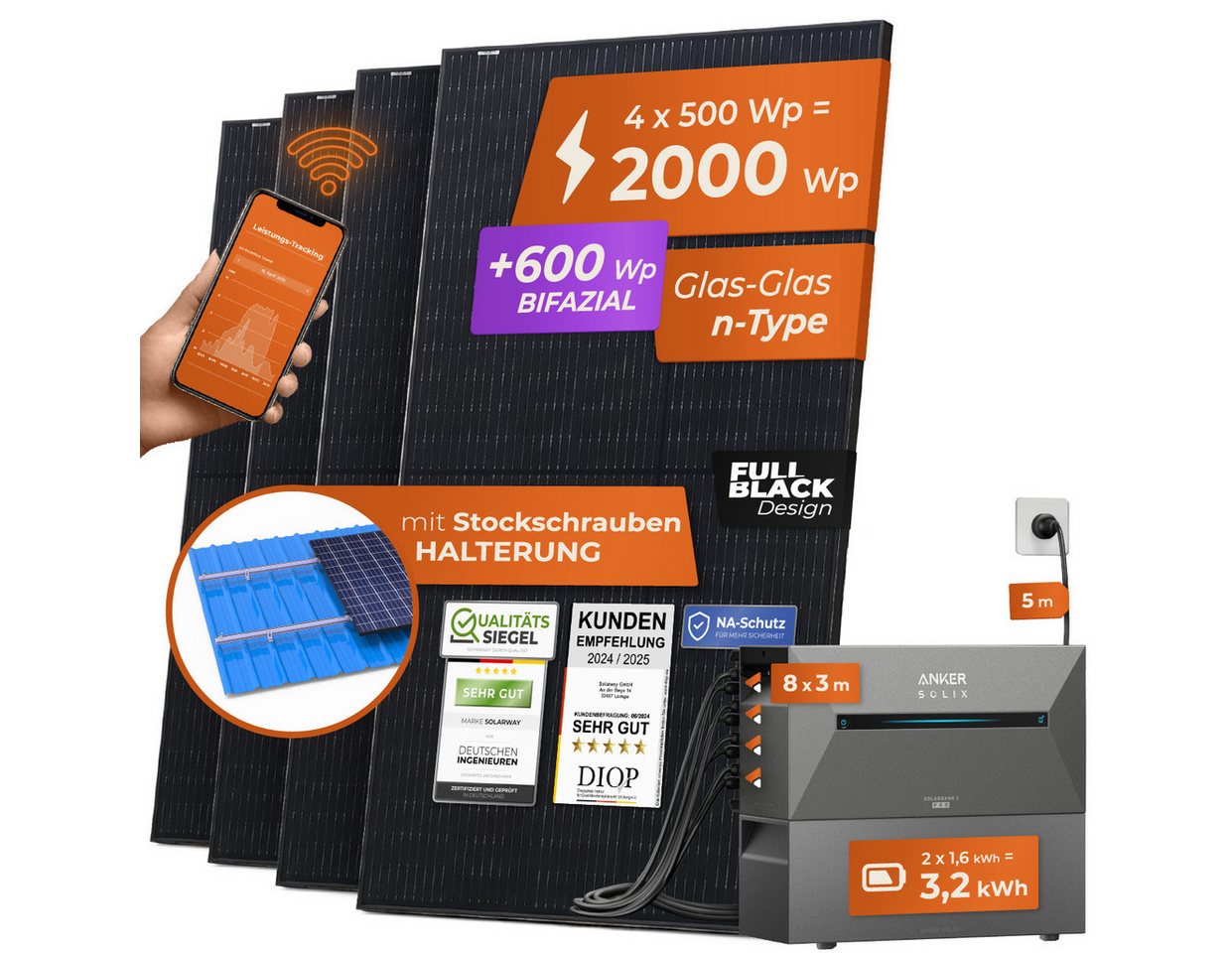 Thumbnail - Solarway Balkonkraftwerk mit Speicher All in One 2000 Wp / 800 Watt 3,2 kWh Anker Solix 2 Pro, Monokristallin