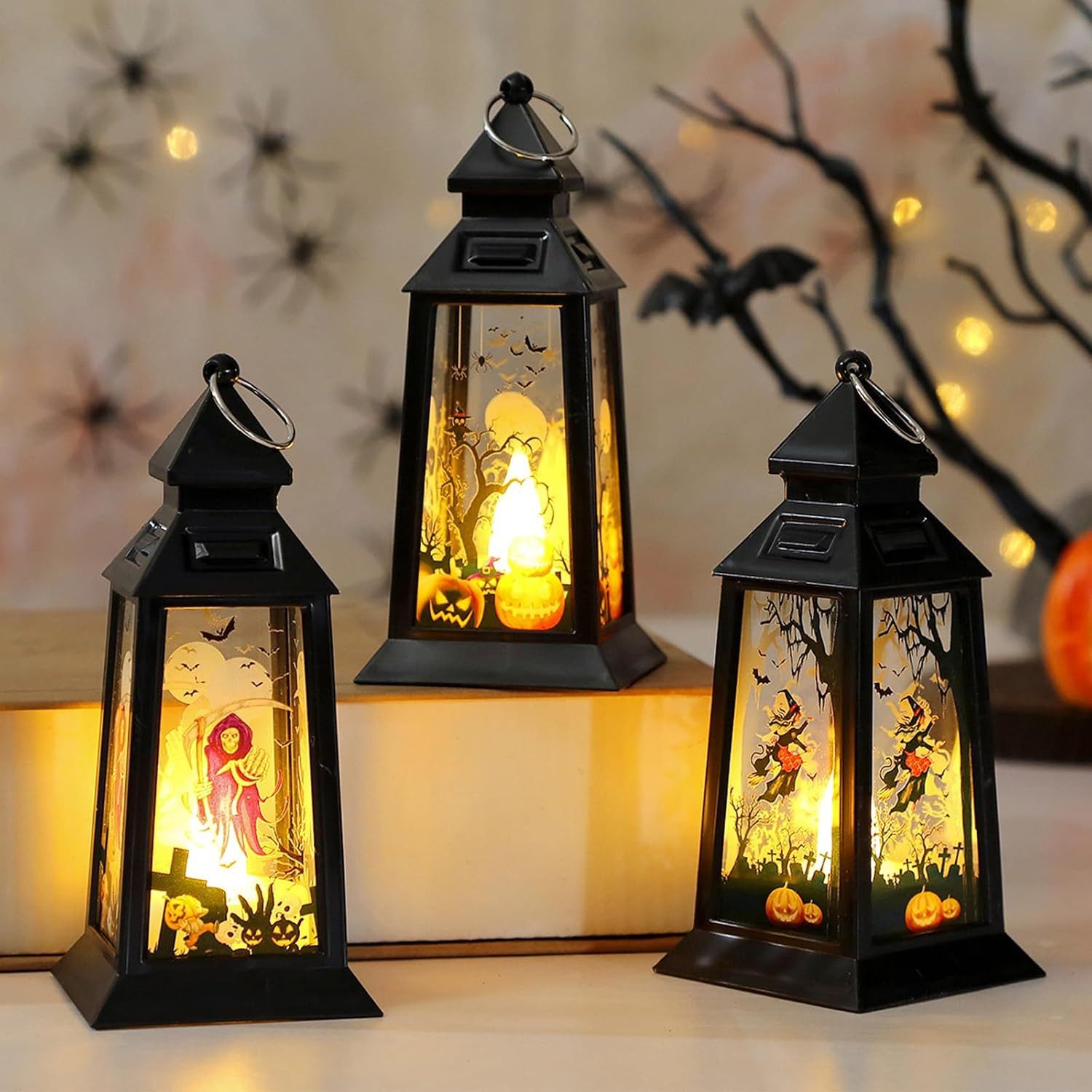FELIXLEO LED Laterne 3 Stück Halloween Deko Laternen mit LED, Herbstdeko für Tisch