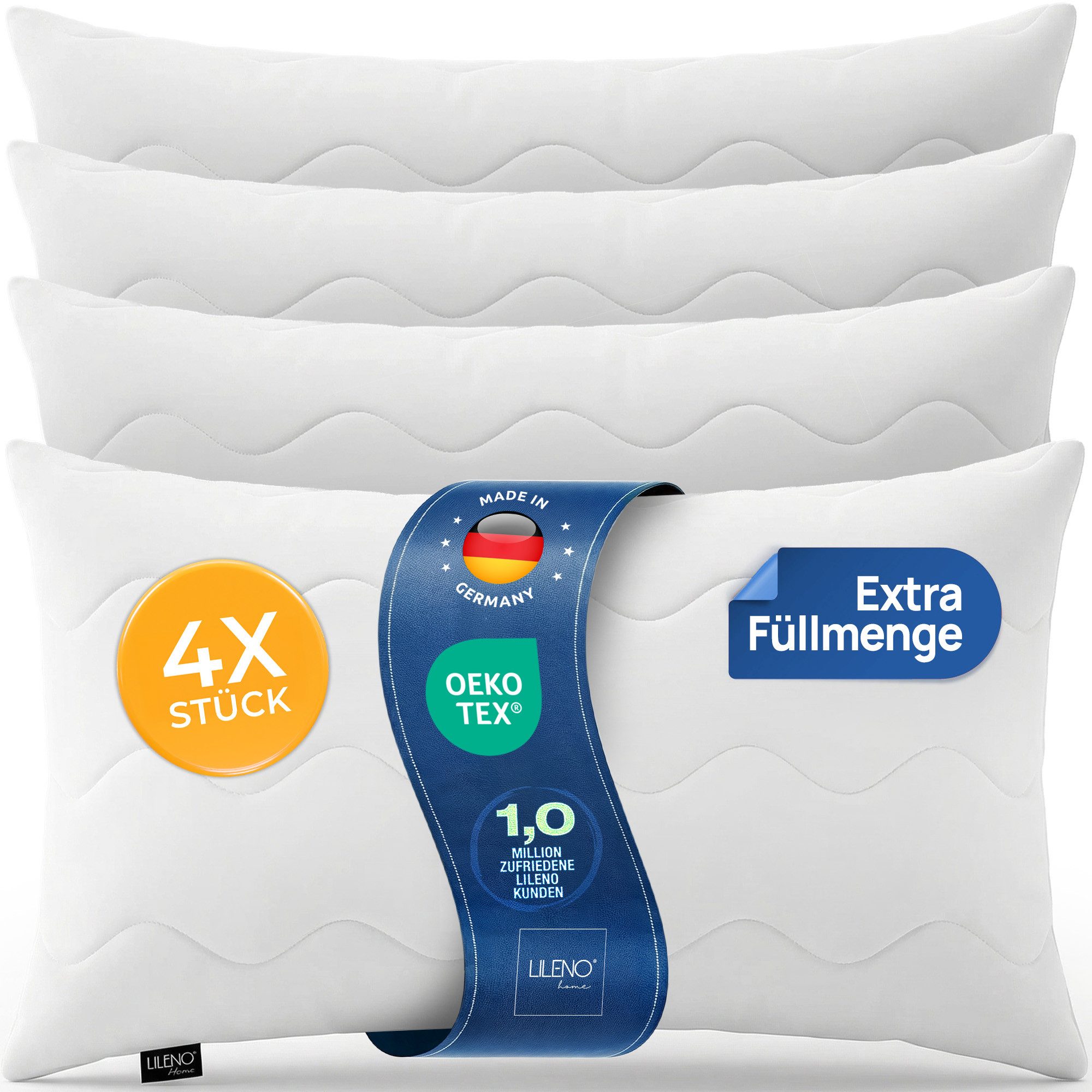 LILENO HOME Kopfkissen LILENO HOME Allergiker Kopfkissen Oeko-Tex & - Made in Germany, Füllung: 100% Polyester, Seitenschläfer, Bauchschläfer, Rückenschläfer, Spar-Set, 4er Set, Kopfkissen 40x80 cm HART mit 650g Füllung, allergikergeeignet
