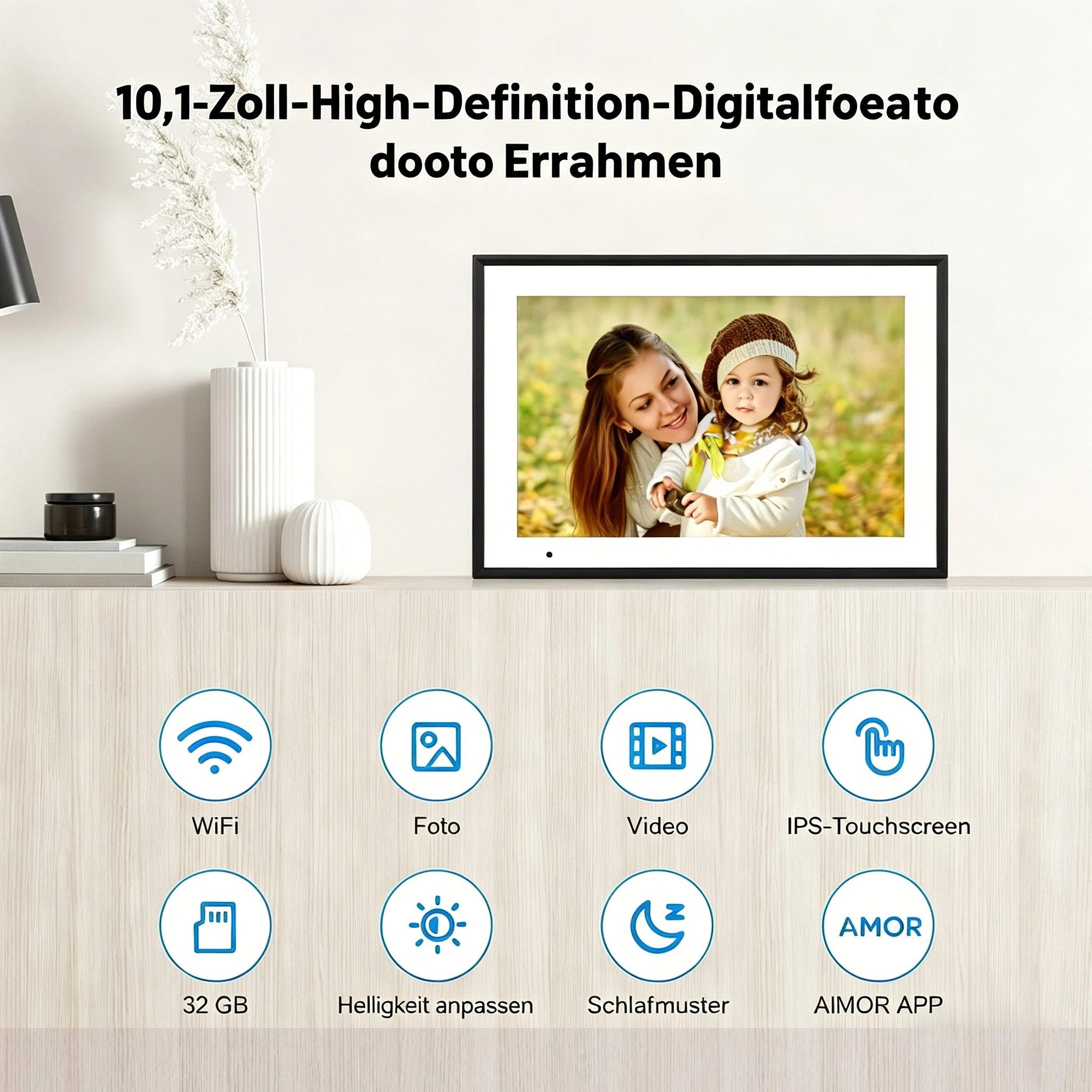 Funcare 10.1’’ mit WiFi-Fotoübertragung 1280×800 Pixel, 32GB+128GB erweiterbar Digitaler Bilderrahmen (25,65 cm/10.1 ", 1280x800 Pixel, 32 GB)