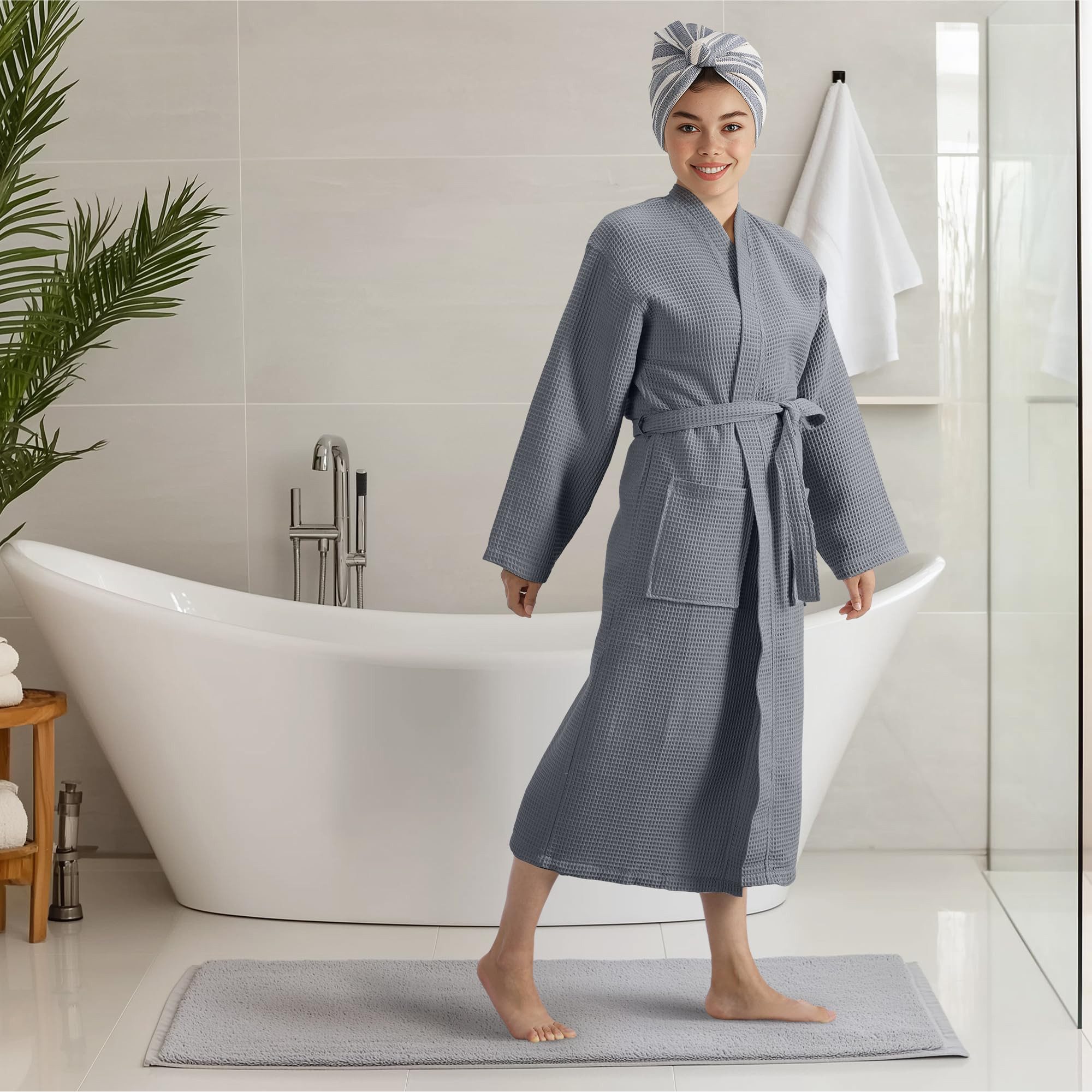 HOMELEVEL Bademantel HOMELEVEL Pique Bademantel Baumwolle Kimono Morgenmantel Unisex XL