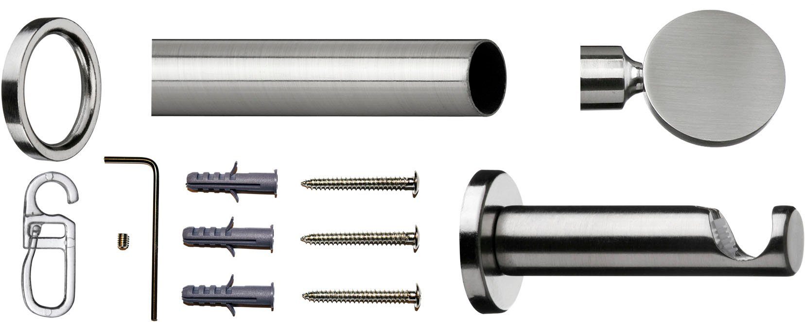 Stahl, indeko, und Gardinenstange Ringen 16 mm, Montagematerial Ø Fixmaß, verschraubt, Rondo, inkl. 1-läufig, Komplett-Set