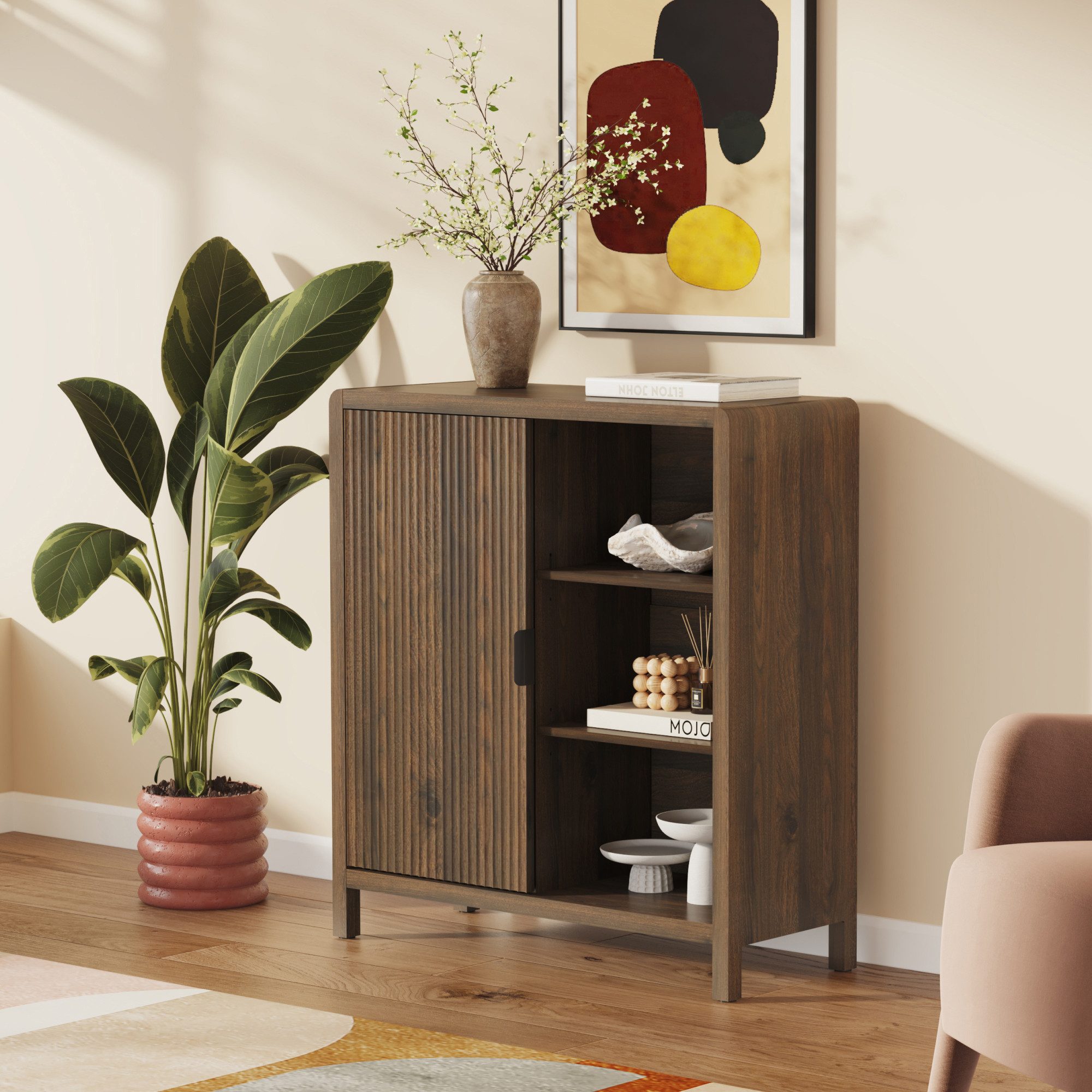 en.casa Kommode, »Lukkodso« mit Tür 82 x 75 x 30 cm Walnussoptik