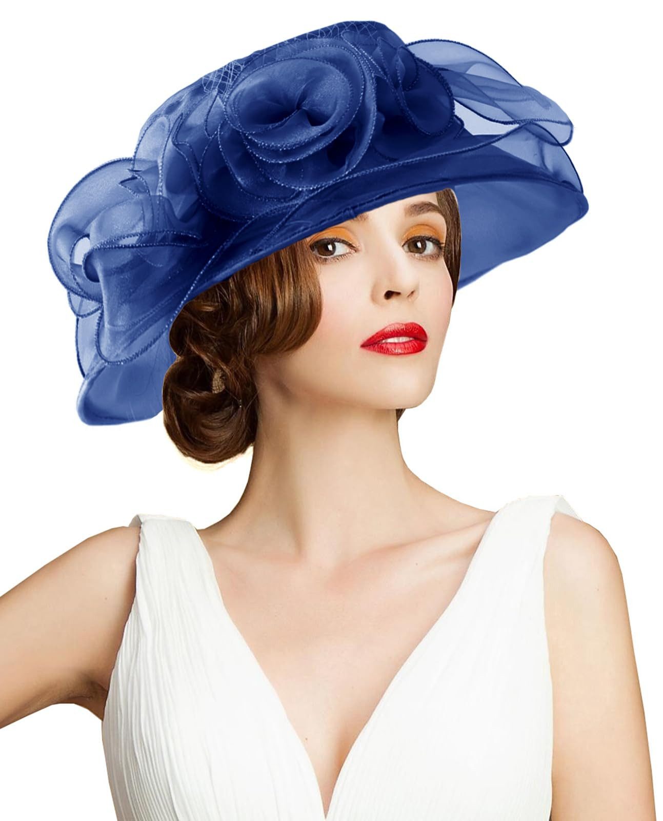 Bwecuy Sonnenhut Damenhut mit breiter Krempe, Blumen- und Blattdekor ideal für Hochzeit, Kirche und Tea Party