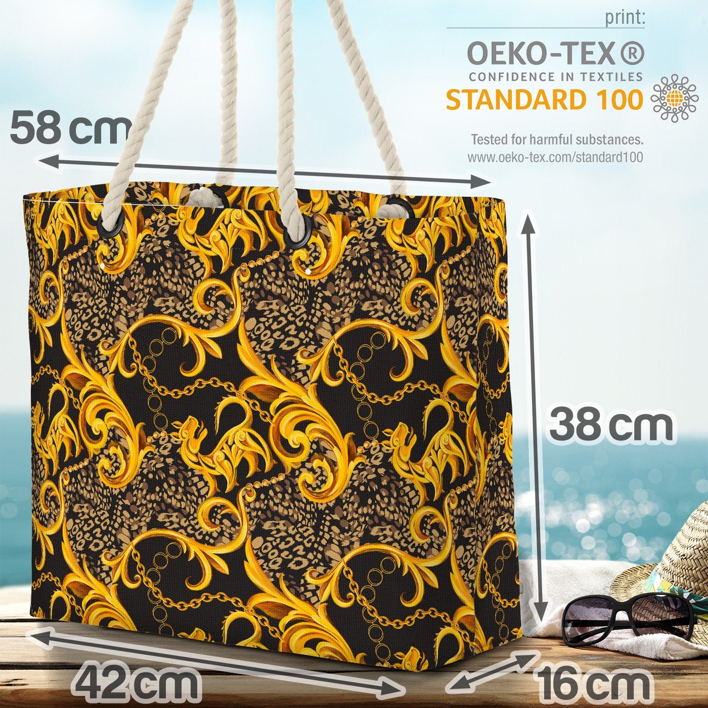 VOID Strandtasche (1-tlg), ornament barock Beach tier cat Baroque Leopard antike Bag Golden Katze muster