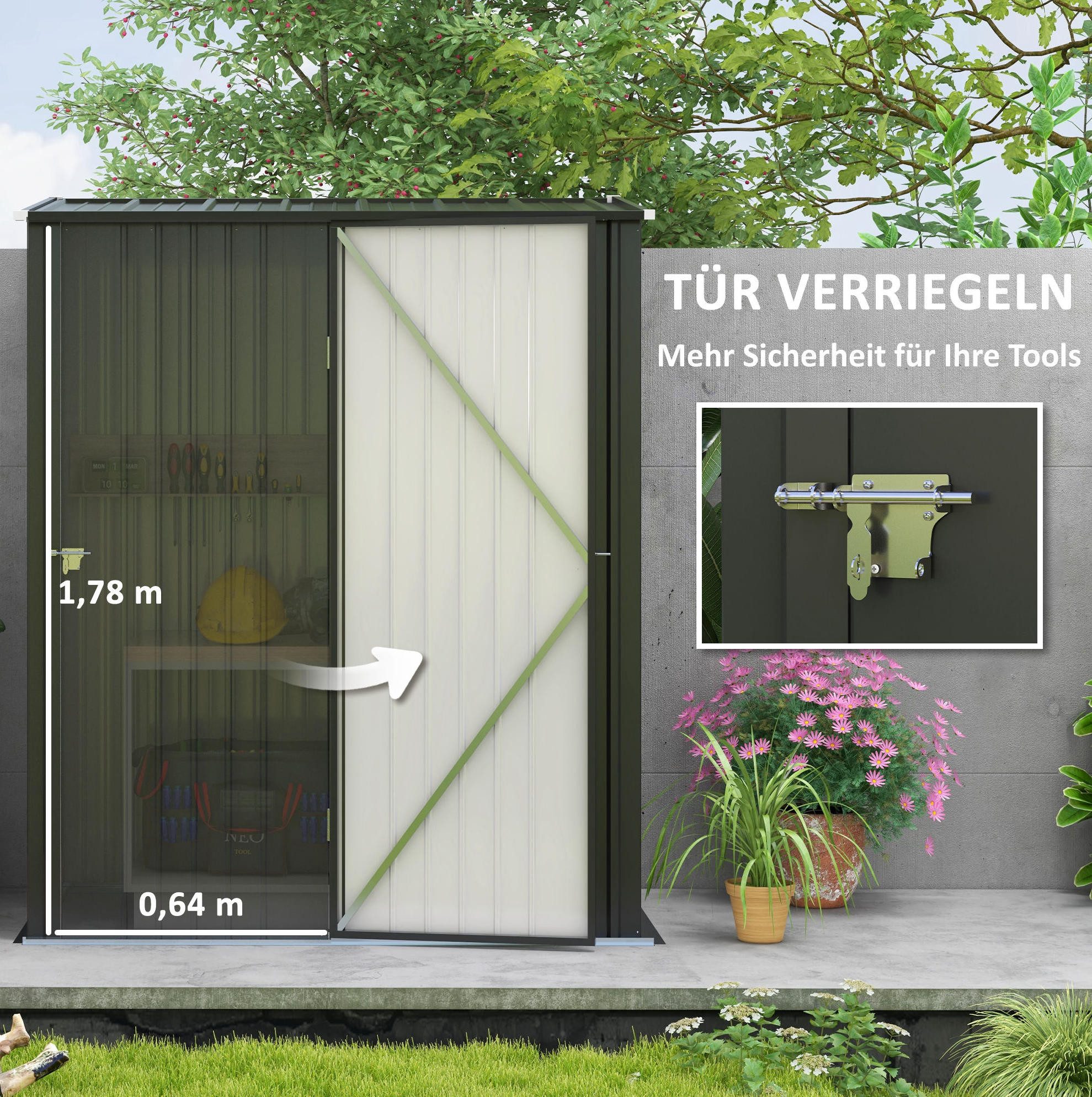 OKWISH Gerätehaus 1,34 m² Schwarz 161,5x94,5x196 cm Stahl Pultdach, BxT: 161.5x94.5 cm, (Packung, 1 St., Gartenhaus zur Aufbewahrung von Werkzeugen für Garten & Terrasse), Abschließbarer Gartenschrank aus verzinktem Stahl für Outdoor